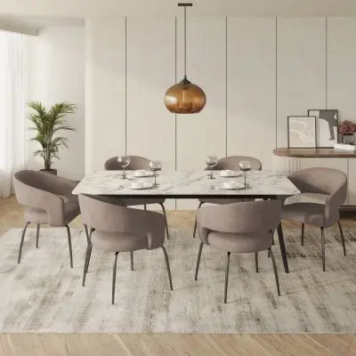 7-Piece Dining Set with Rectangular Sintered Stone Dining Table and 6 Leather Dining Chairs with Iron Base