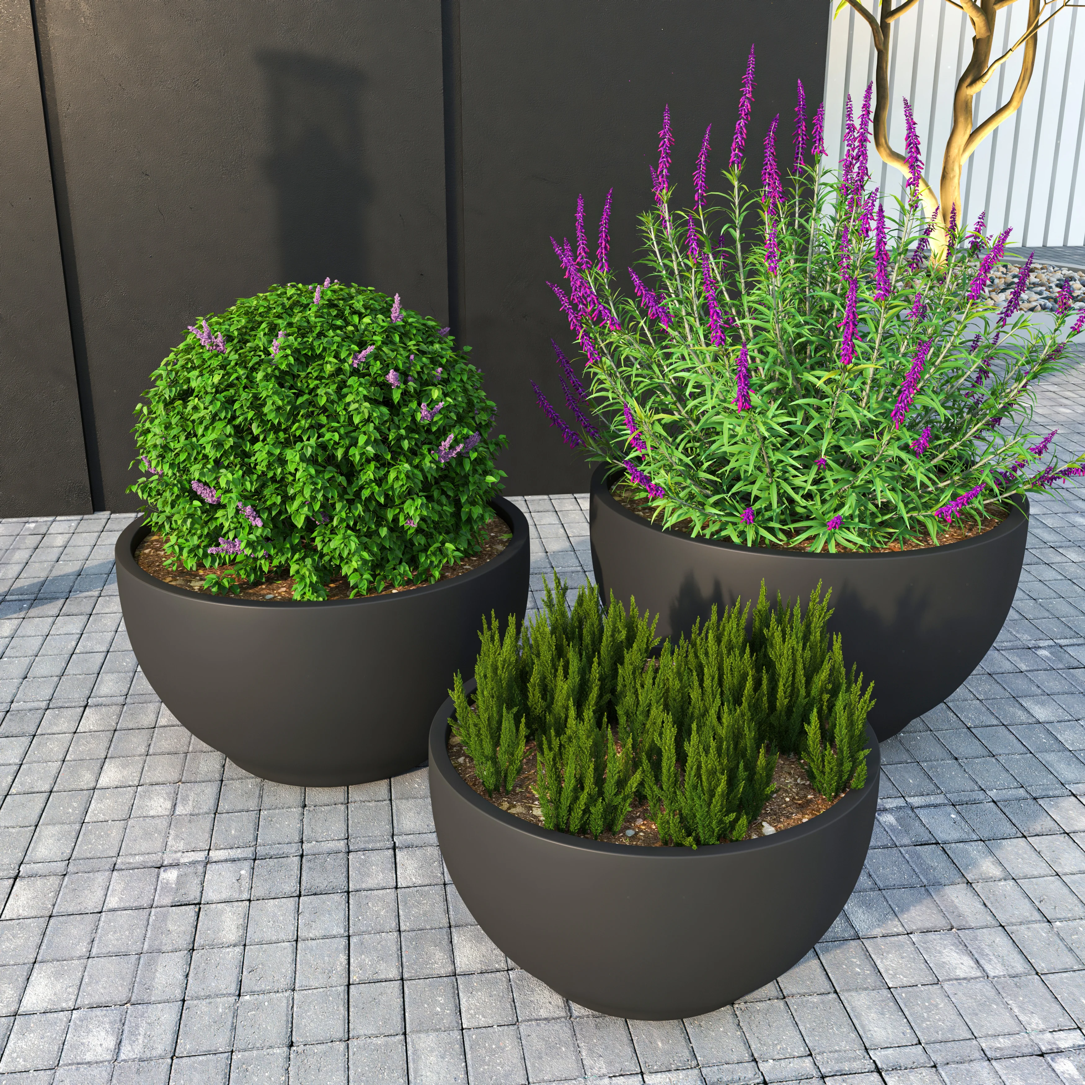 Grove Series Poly Stone Planter Set in Black