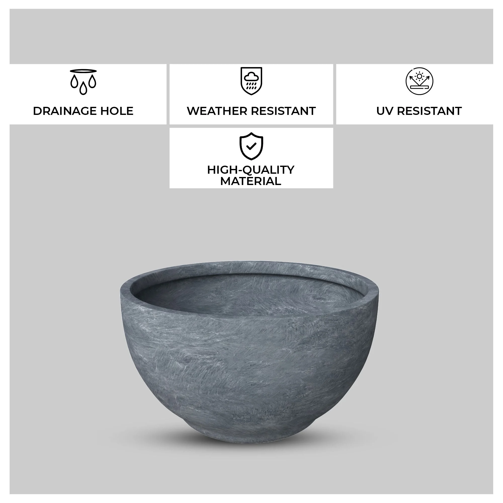 Grove Series Hemisphere Poly Clay Planter in Aged Concrete 10.6 Dia, 5.9 High