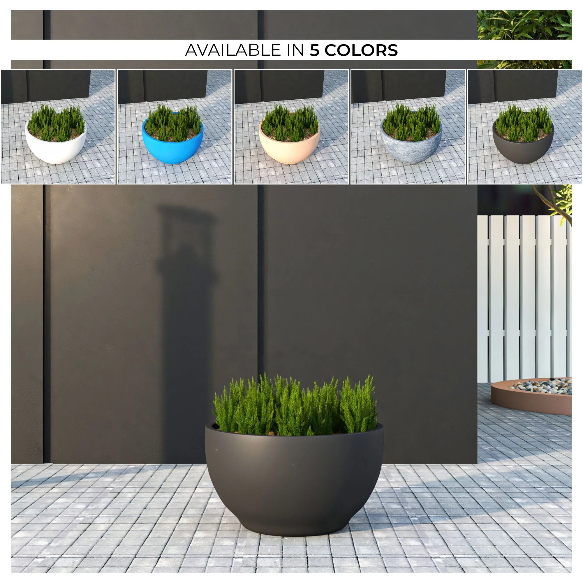 Grove Series Hemisphere Poly Clay Planter in Black 10.6 Dia, 5.9 High