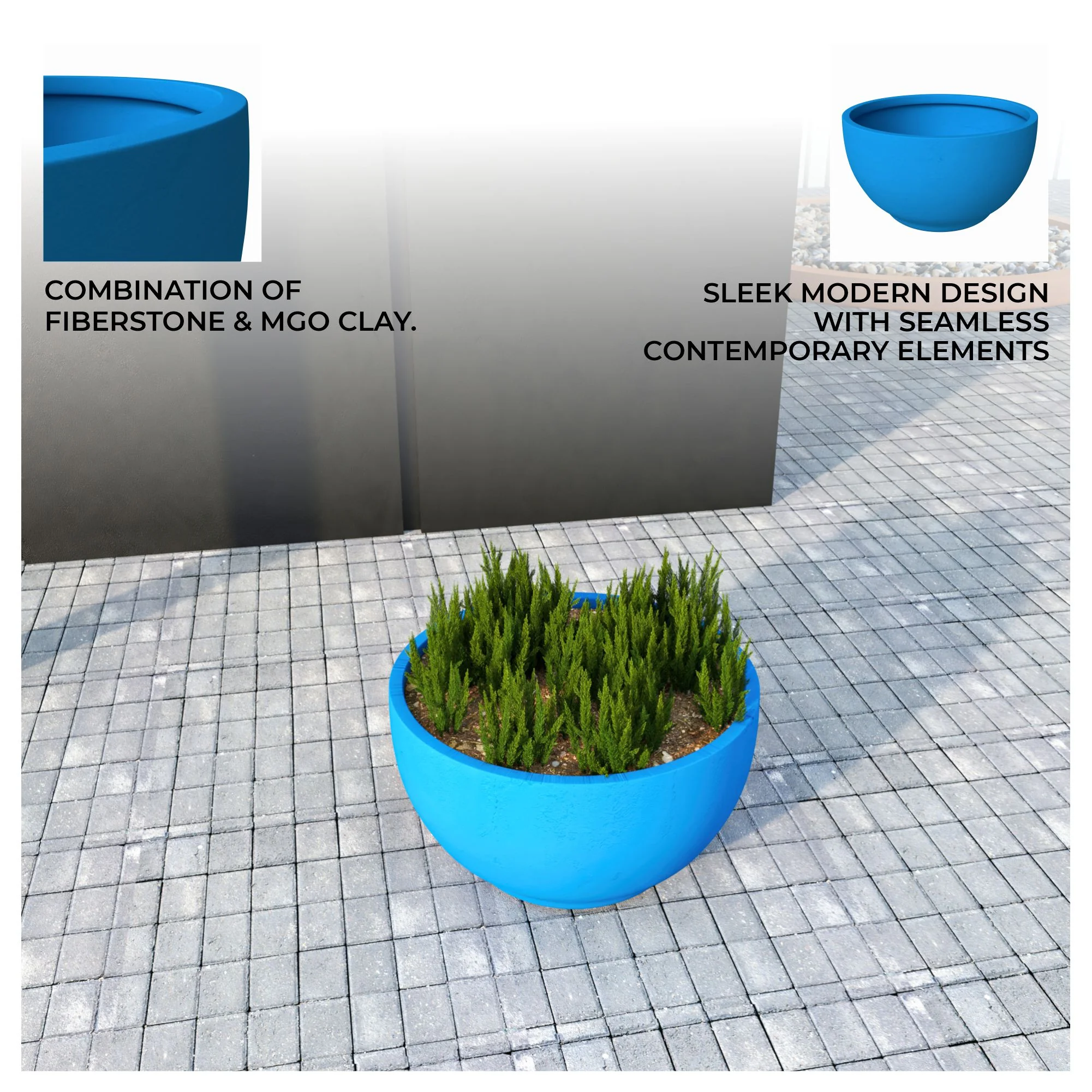 Grove Series Hemisphere Poly Clay Planter in Blue 10.6 Dia, 5.9 High