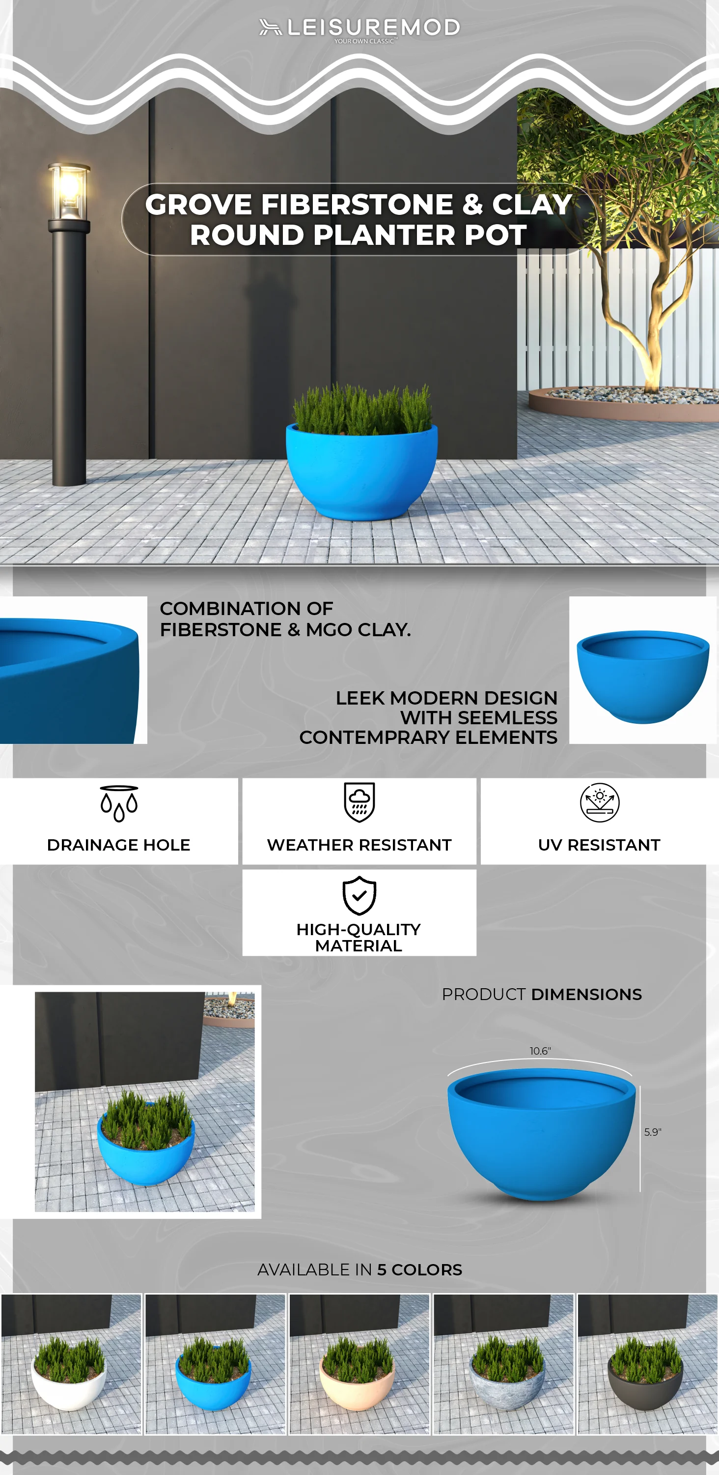 Grove Series Hemisphere Poly Clay Planter in Blue 10.6 Dia, 5.9 High