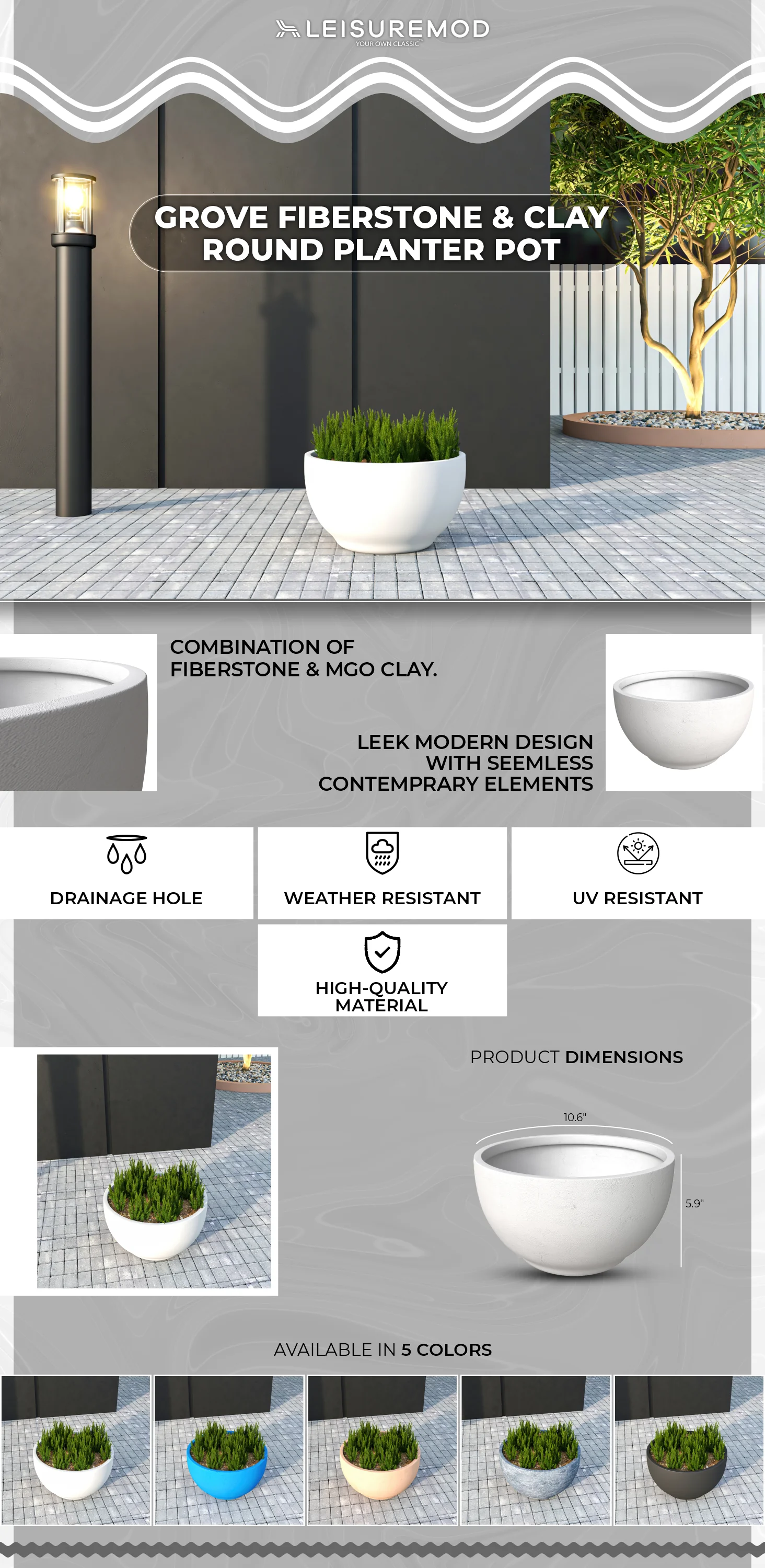 Grove Series Hemisphere Poly Clay Planter in White 10.6 Dia, 5.9 High