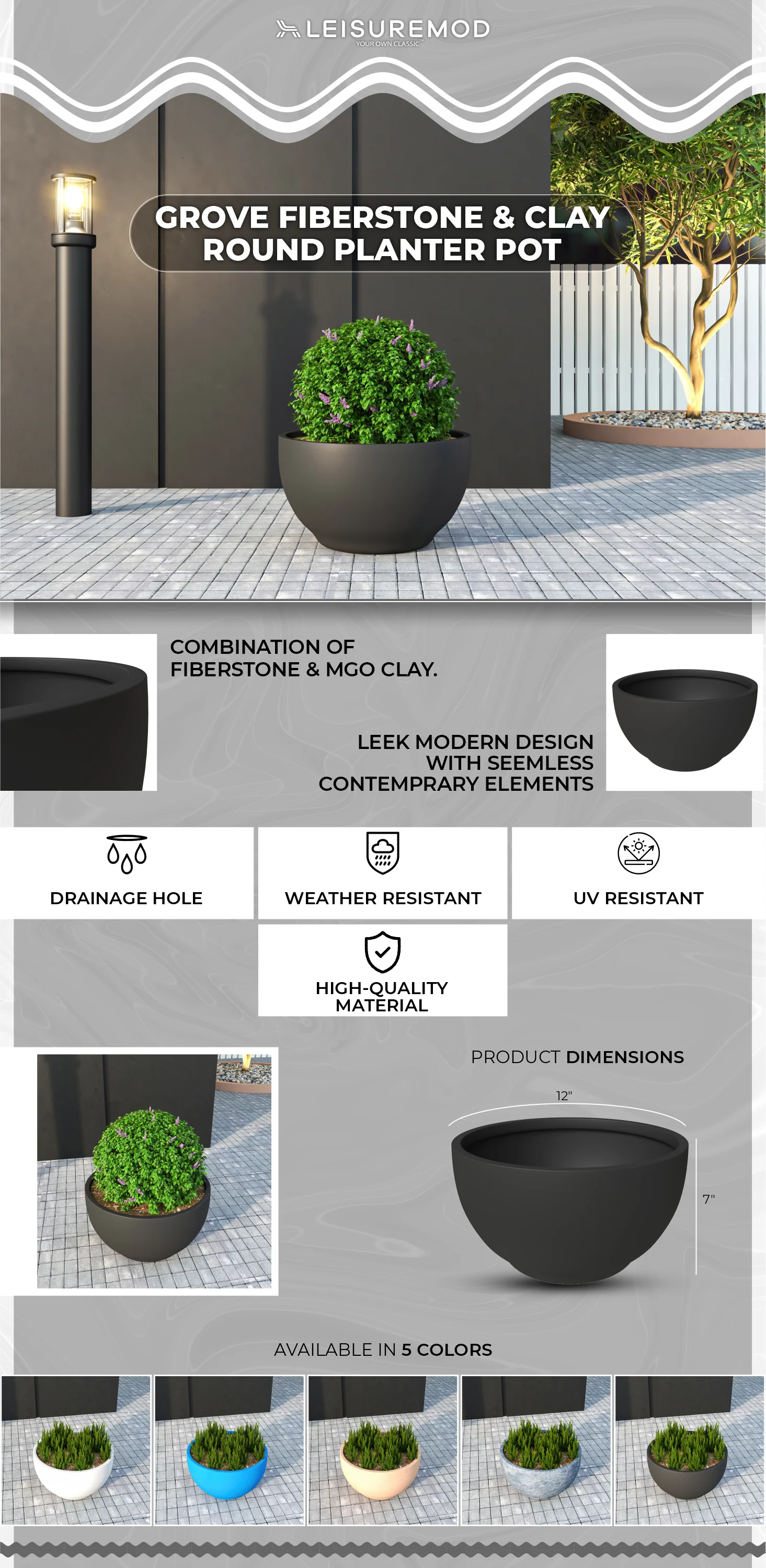 Grove Series Hemisphere Poly Clay Planter in Black 12.4 Dia, 7.1 High