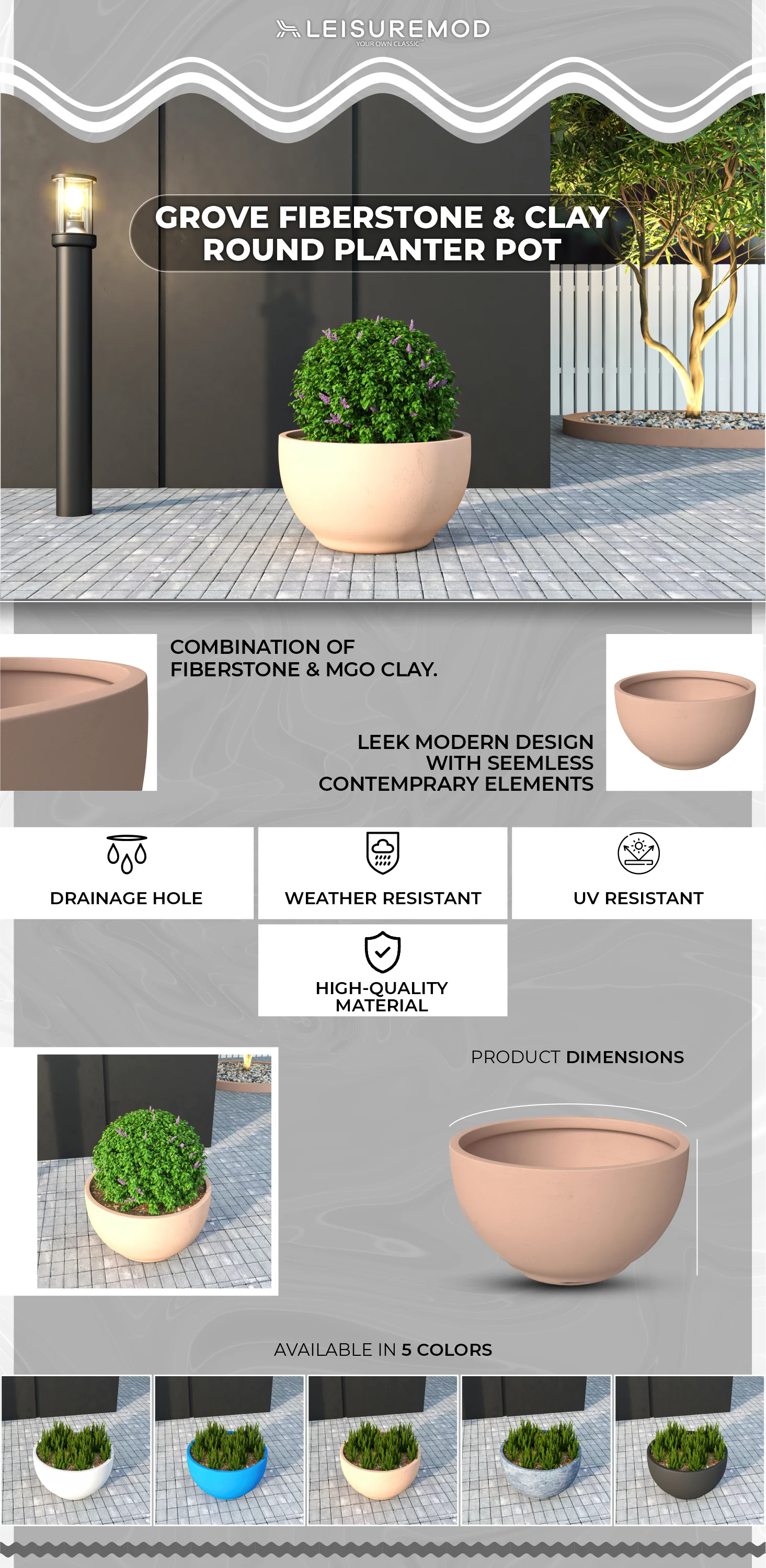 Grove Series Hemisphere Poly Clay Planter in Terra cotta Color 12.4 Dia, 7.1 High