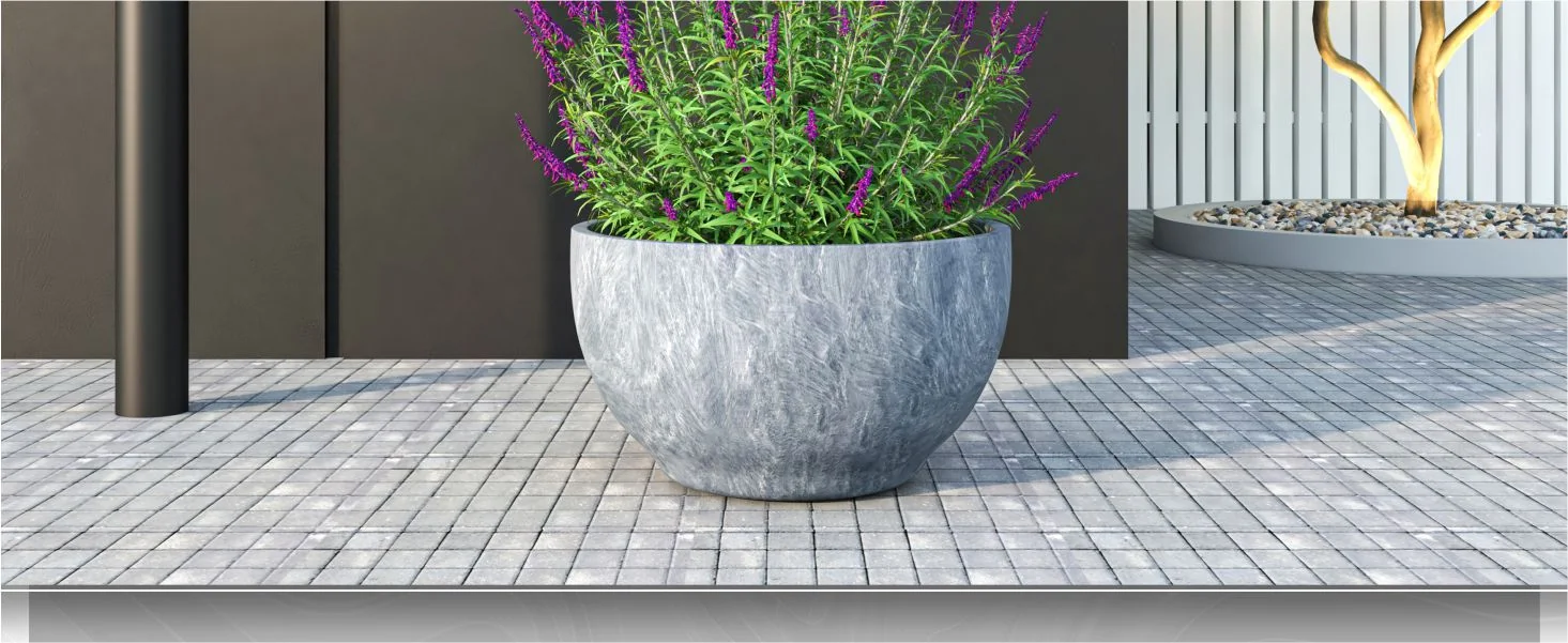 Grove Series Hemisphere Poly Clay Planter in Aged Concrete 14.9 Dia, 7.8 High