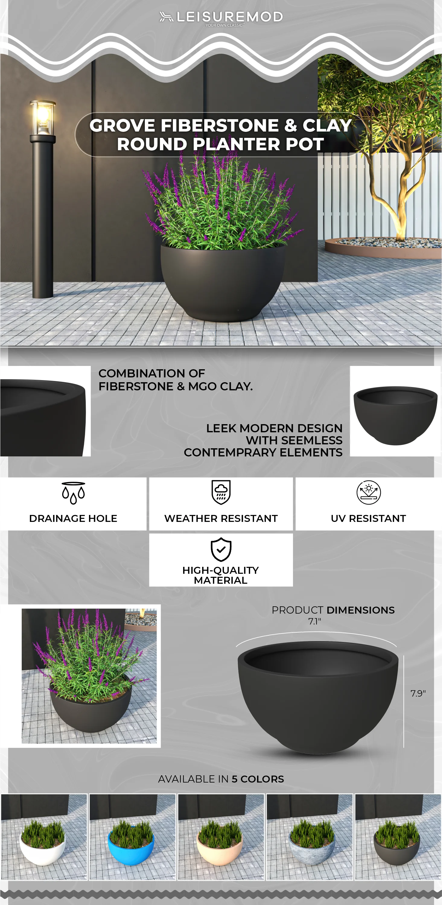 Grove Series Hemisphere Poly Clay Planter in Black 14.9 Dia, 7.8 High