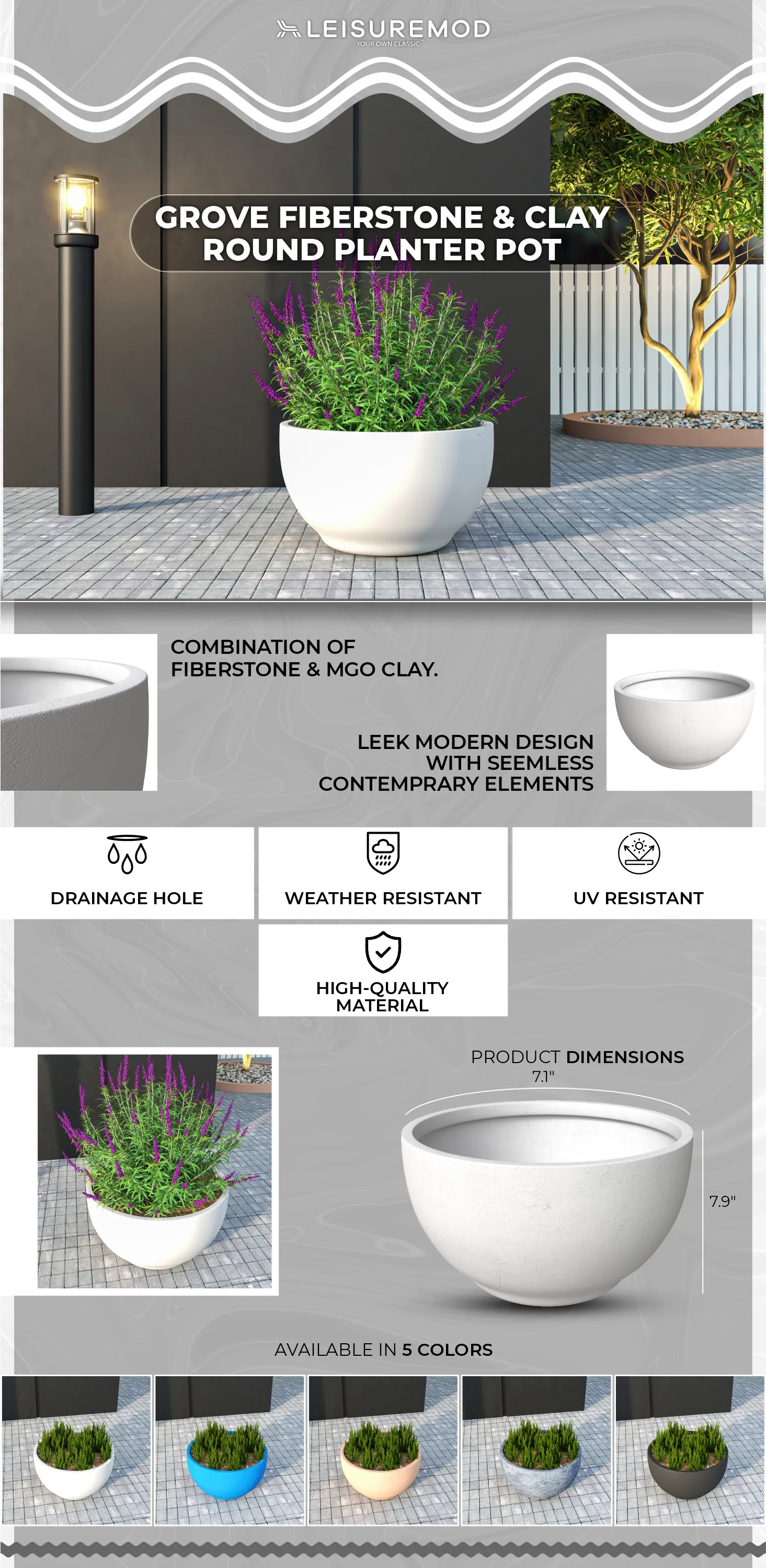Grove Series Hemisphere Poly Clay Planter in White 14.9 Dia, 7.8 High