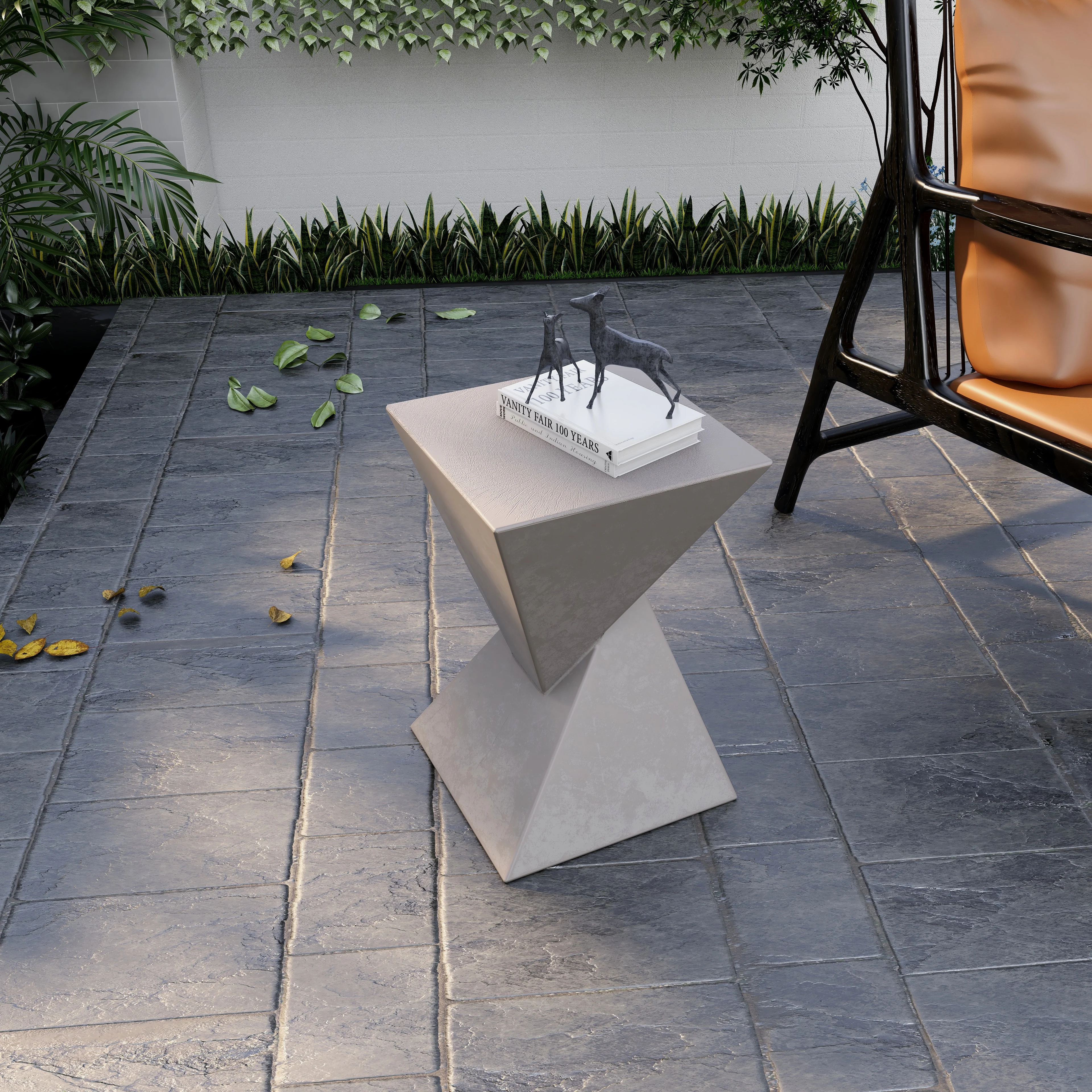 Glint Collection Fiberglass Outdoor Side Table in Marble White