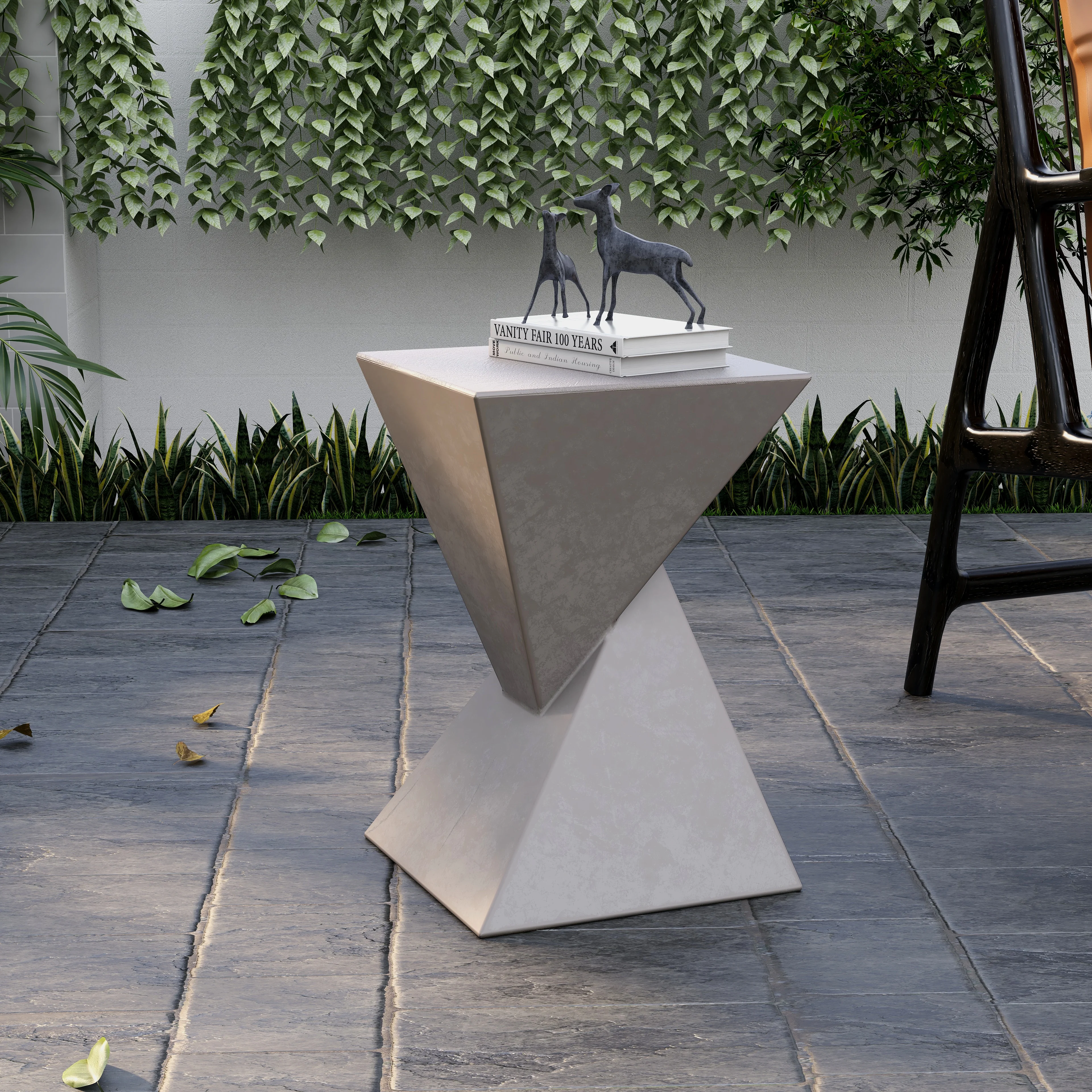 Glint Collection Fiberglass Outdoor Side Table in Marble White