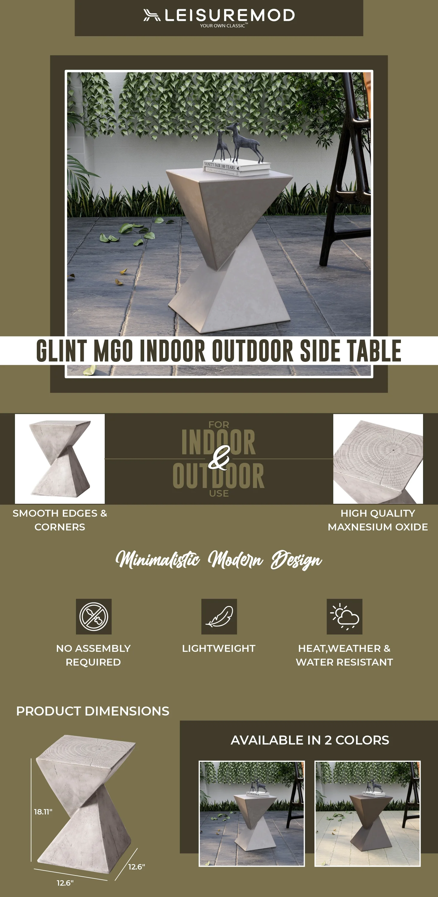 Glint Collection Fiberglass Outdoor Side Table in Marble White