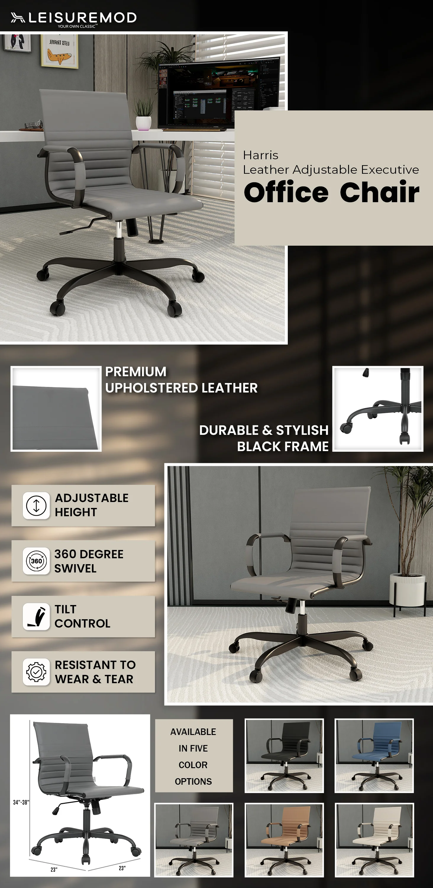 Harris Leather Home Office Chair in Grey With Black Frame