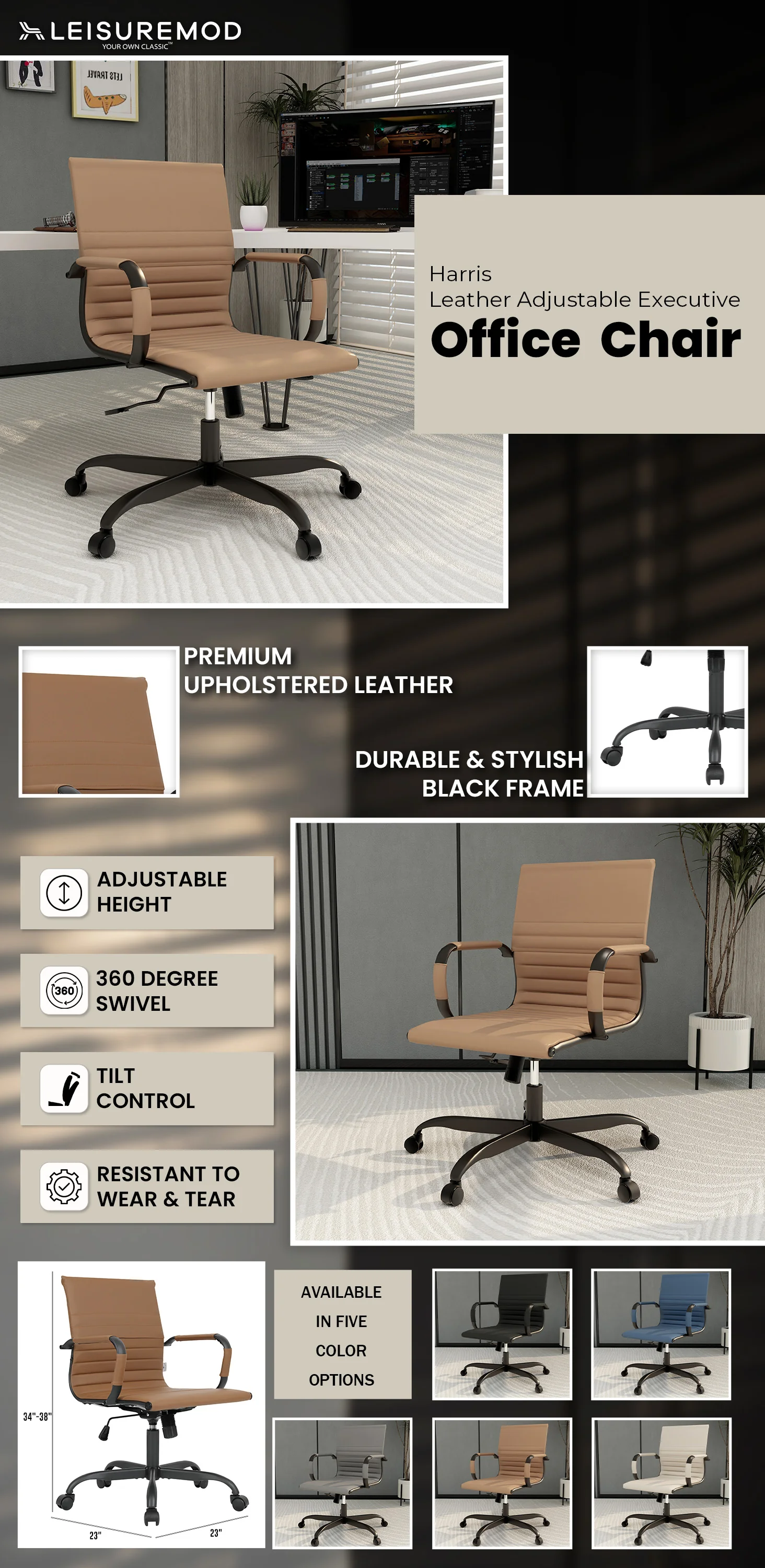 Harris Leather Home Office Chair in Light Brown With Black Frame