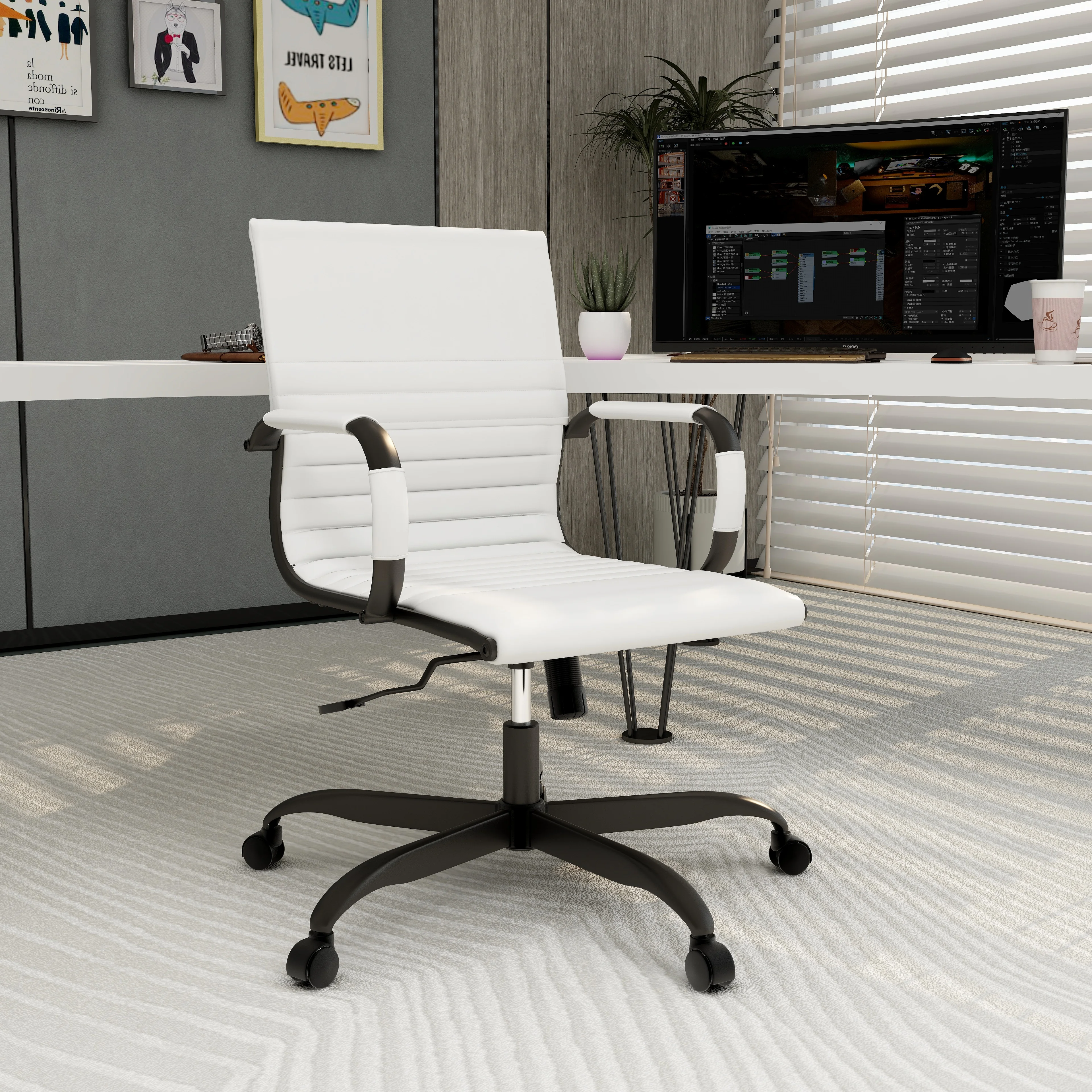Harris Leather Home Office Chair in White With Black Frame