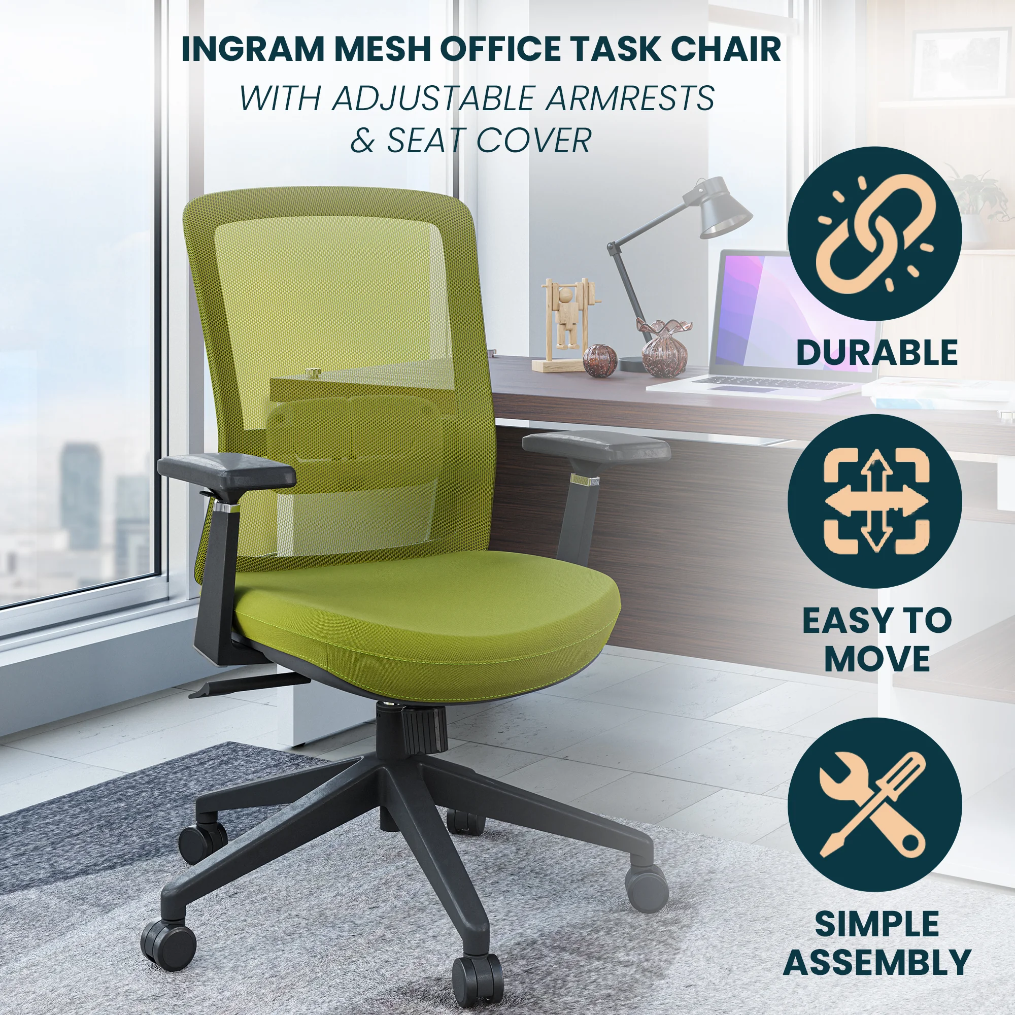 Ingram Office Chair with Seat Cover, Green/Green