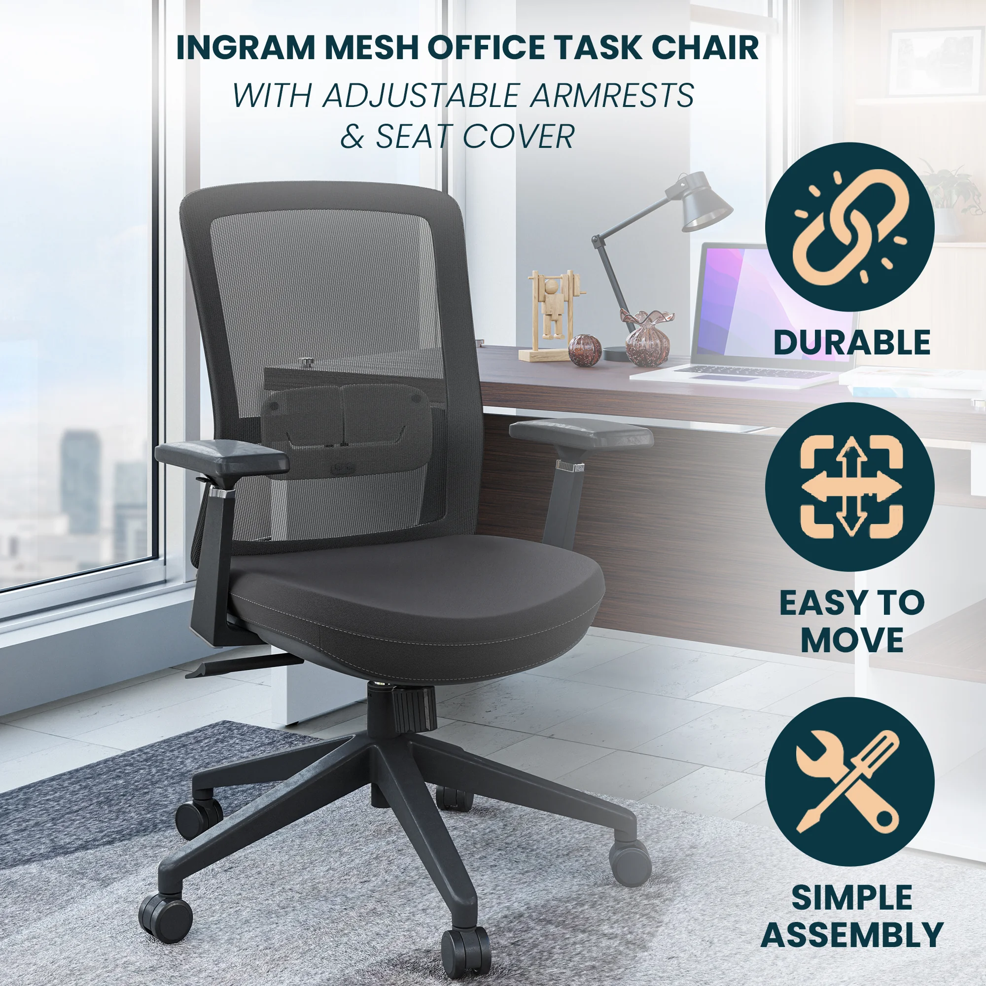 Ingram Office Chair with Seat Cover, Grey/Grey