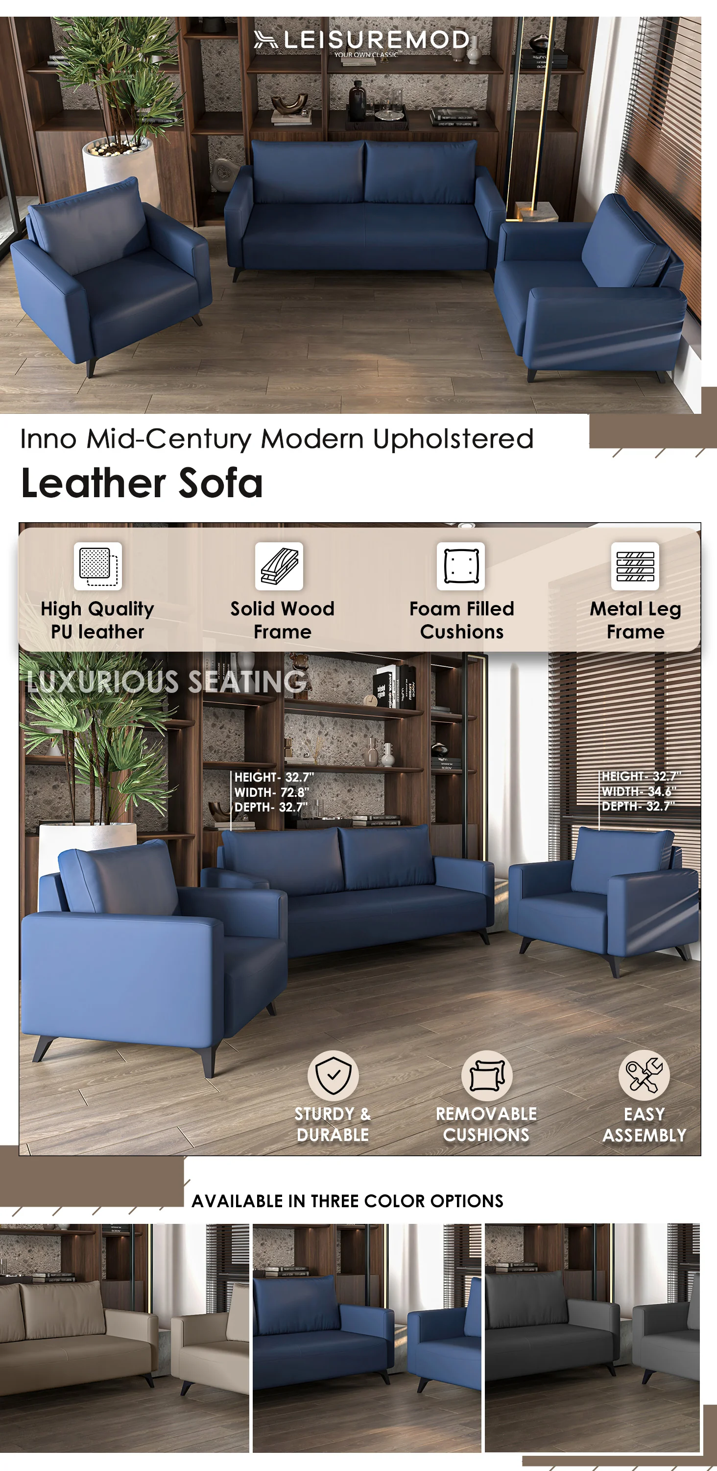 Inno Collection Sofa Set, 2 Single Seaters, and 3 seater In Dark Blue