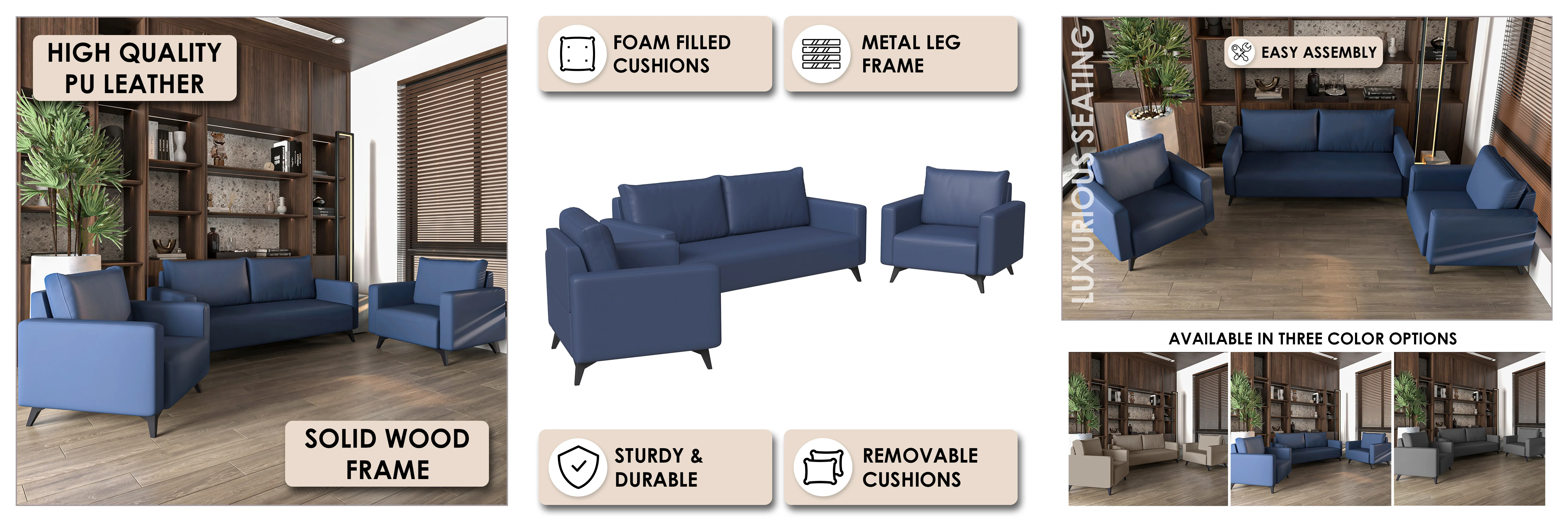 Inno Collection Sofa Set, 2 Single Seaters, and 3 seater In Dark Blue