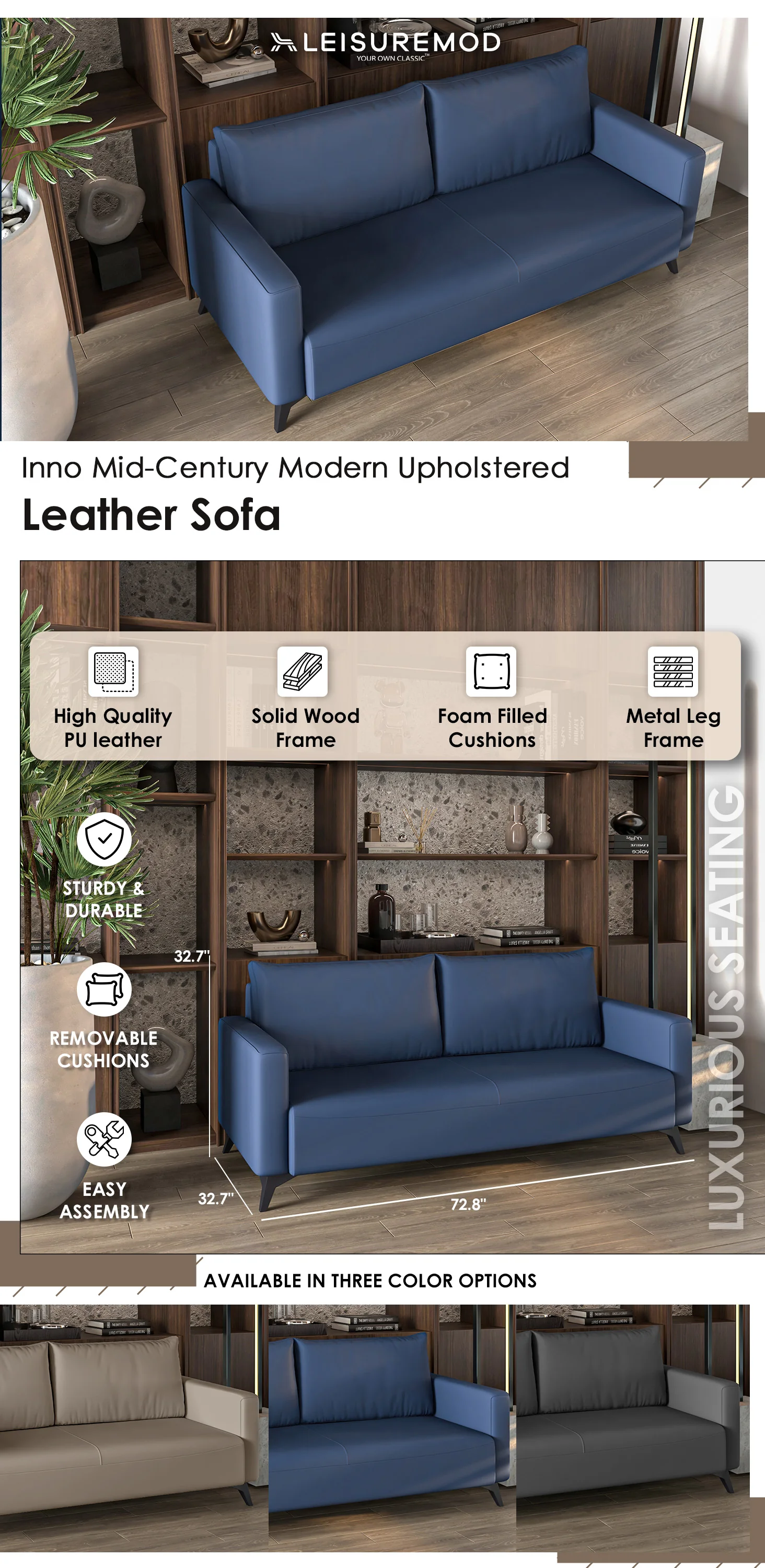 Inno Collection Three Seater Sofa In Dark Blue