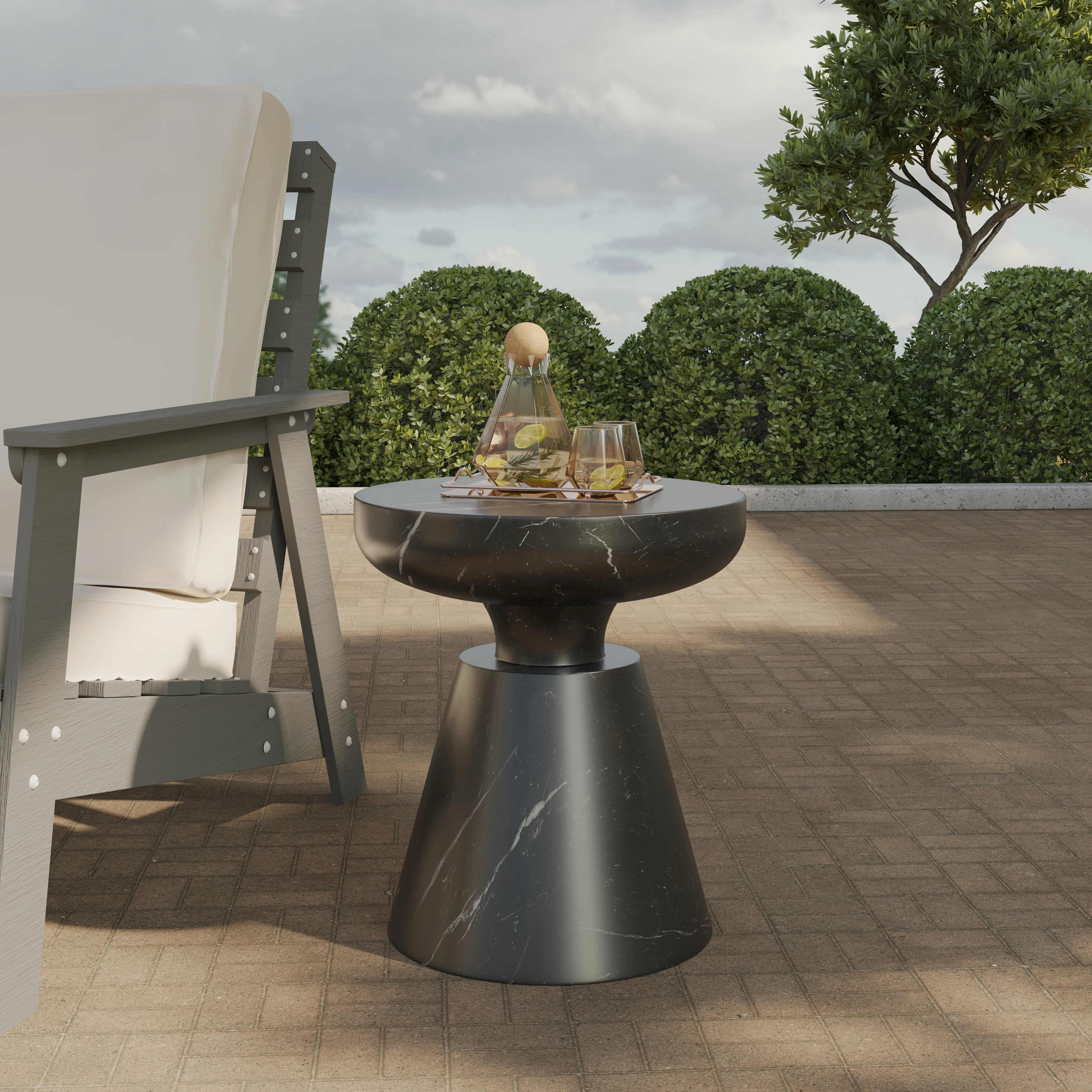 Isle Collection Fiberglass Outdoor Side Table in Marbled Black