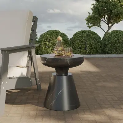 Isle Collection Fiberglass Outdoor Side Table in Marbled Black