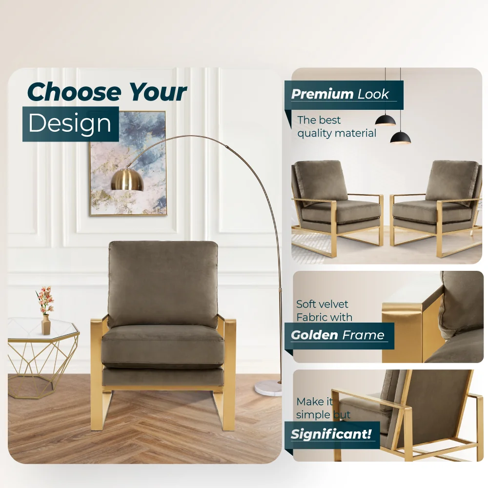 Jefferson Velvet Design Accent Armchair With Gold Brass Finish Frame