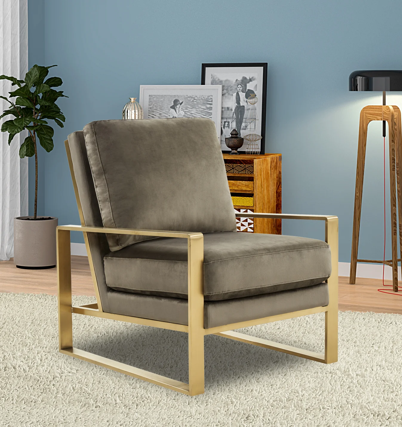 Jefferson Velvet Design Accent Armchair With Gold Brass Finish Frame