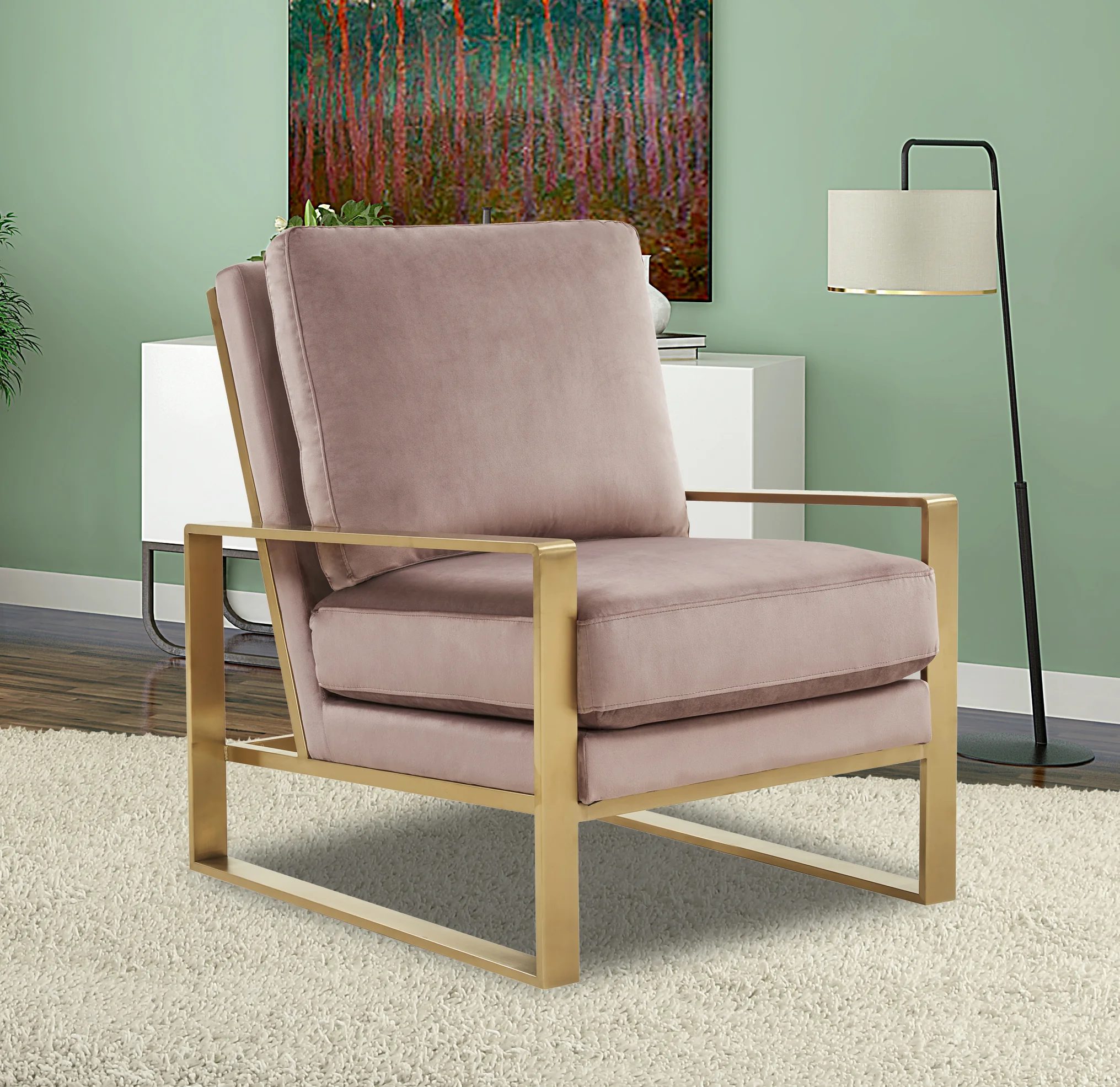 Jefferson Velvet Design Accent Armchair With Gold Brass Finish Frame