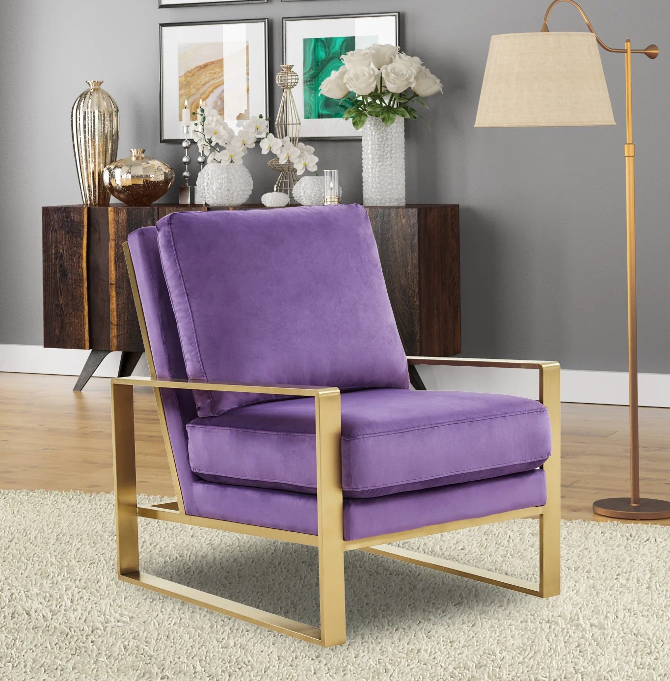 Jefferson Velvet Design Accent Armchair With Gold Brass Finish Frame