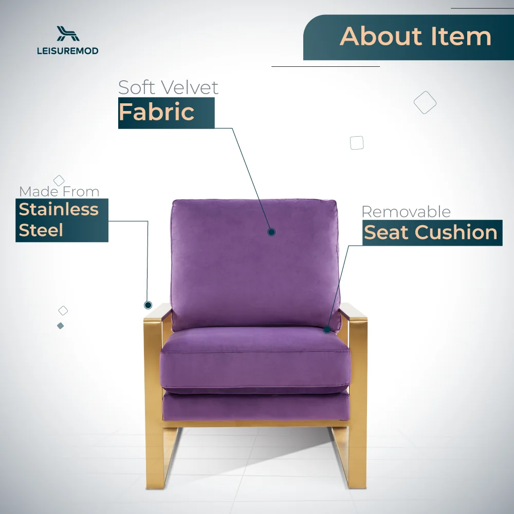 Jefferson Velvet Design Accent Armchair With Gold Brass Finish Frame