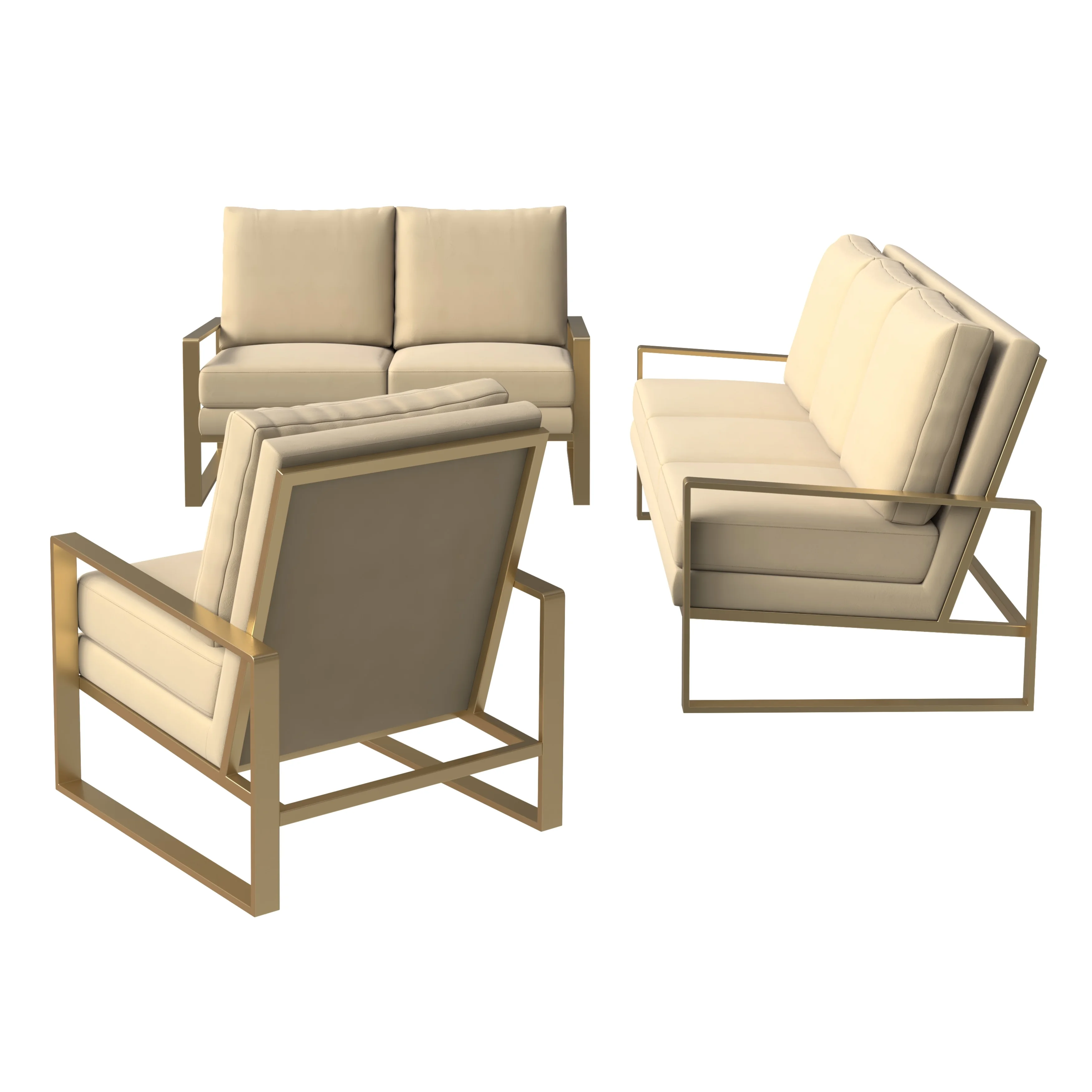 Jefferson Velvet 3-Piece Living Room Sofa Set With Elegant Gold Frame Beige