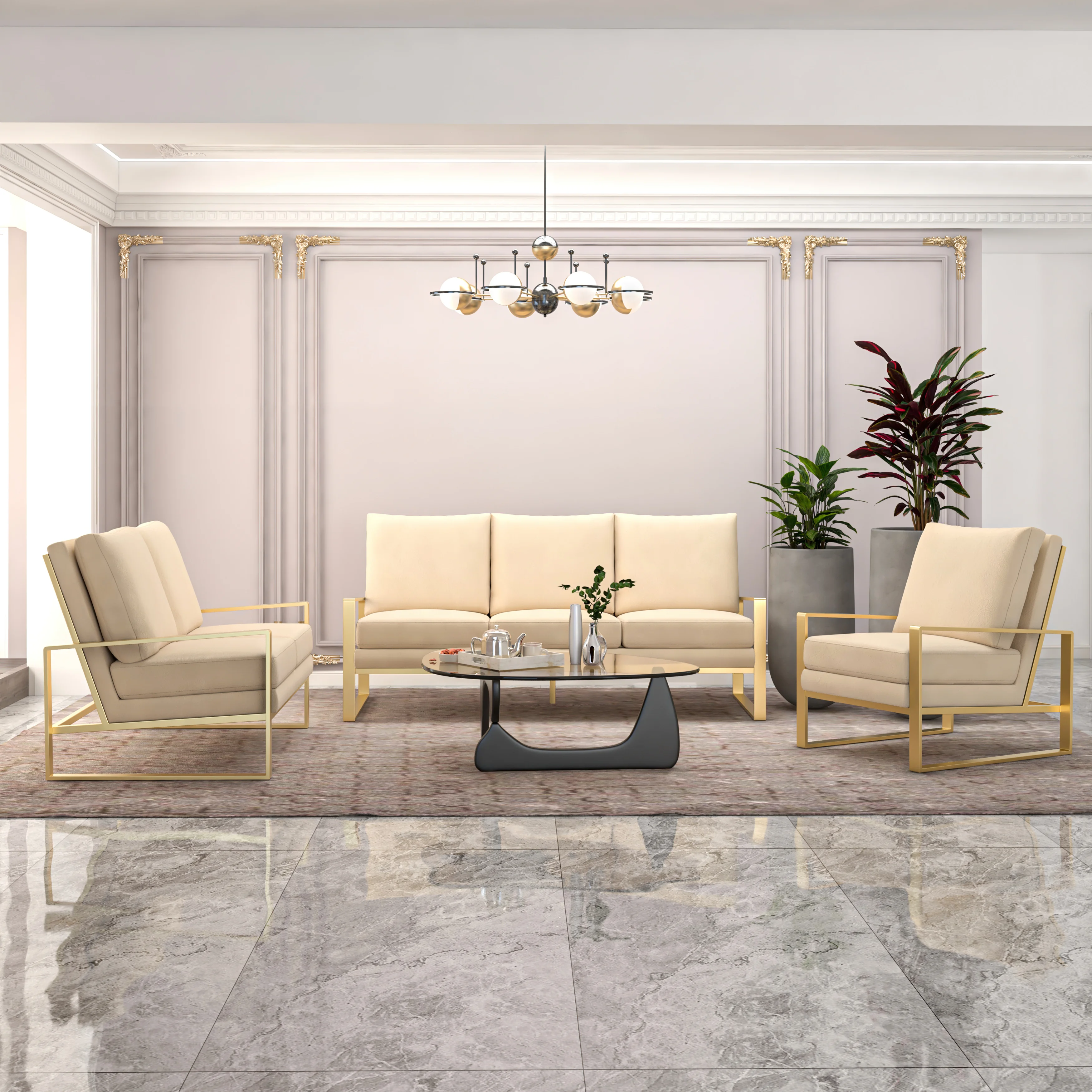 Jefferson Velvet 3-Piece Living Room Sofa Set With Elegant Gold Frame Beige