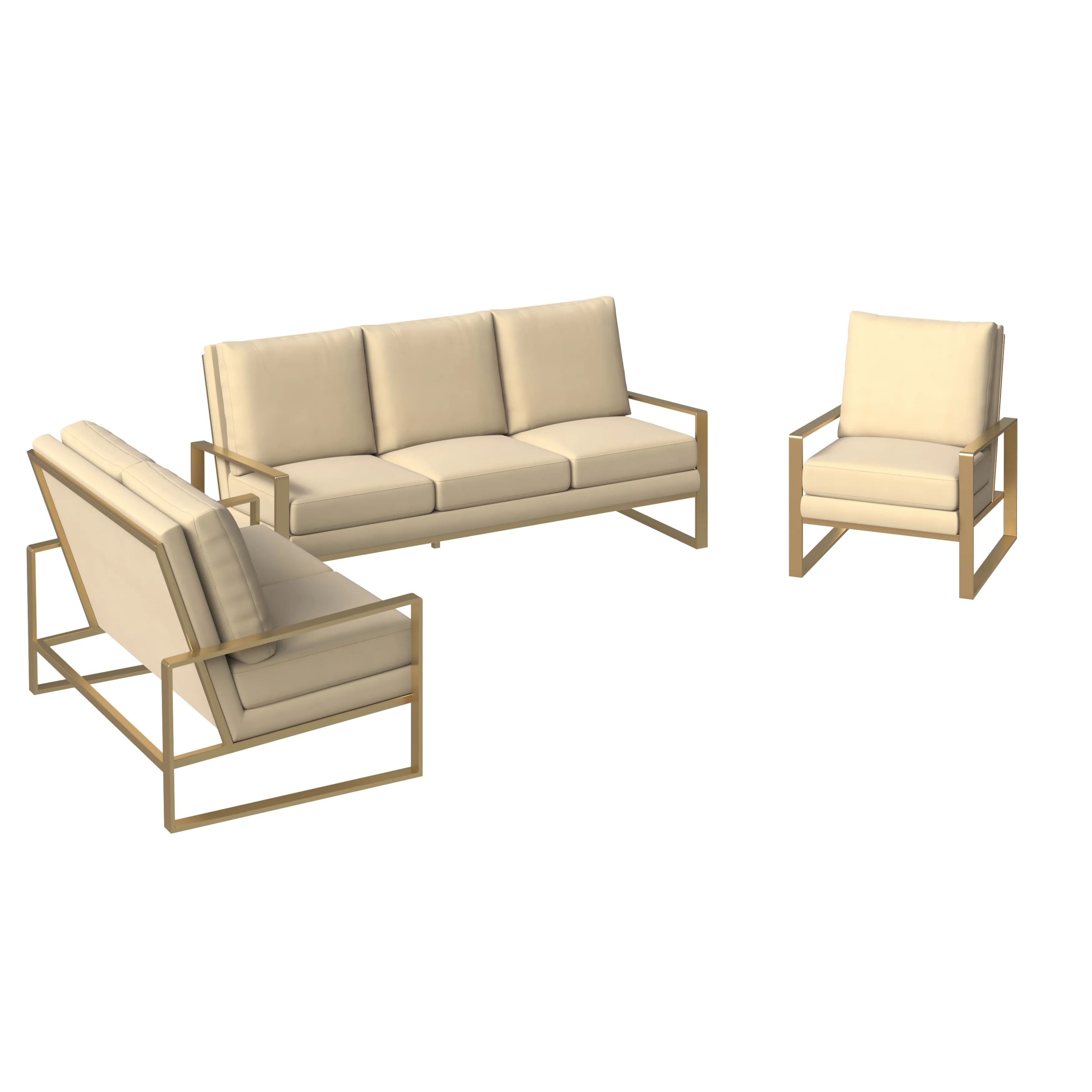 Jefferson Velvet 3-Piece Living Room Sofa Set With Elegant Gold Frame Beige