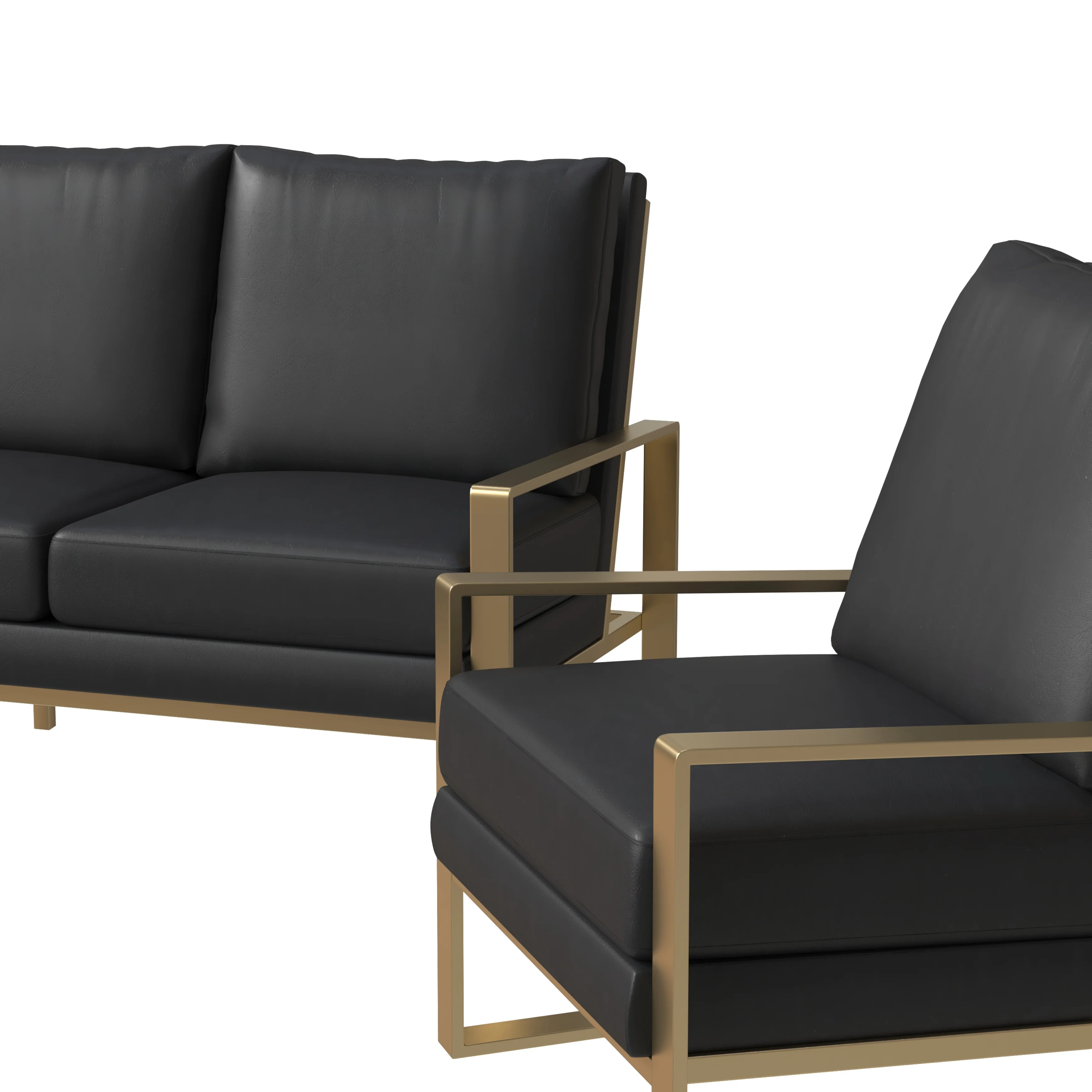 Jefferson Leather 3-Piece Living Room Sofa Set With Elegant Gold Frame Black