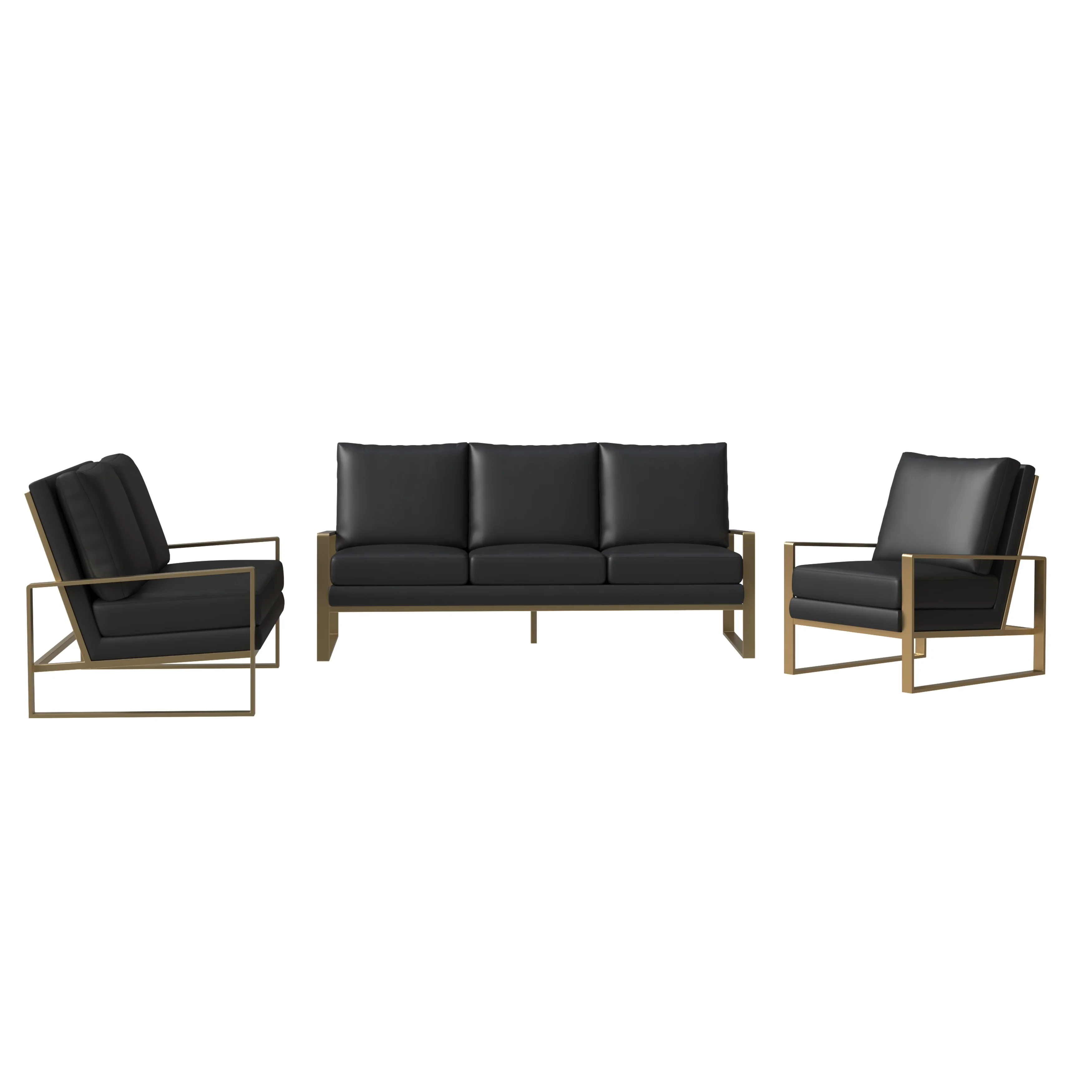 Jefferson Leather 3-Piece Living Room Sofa Set With Elegant Gold Frame Black