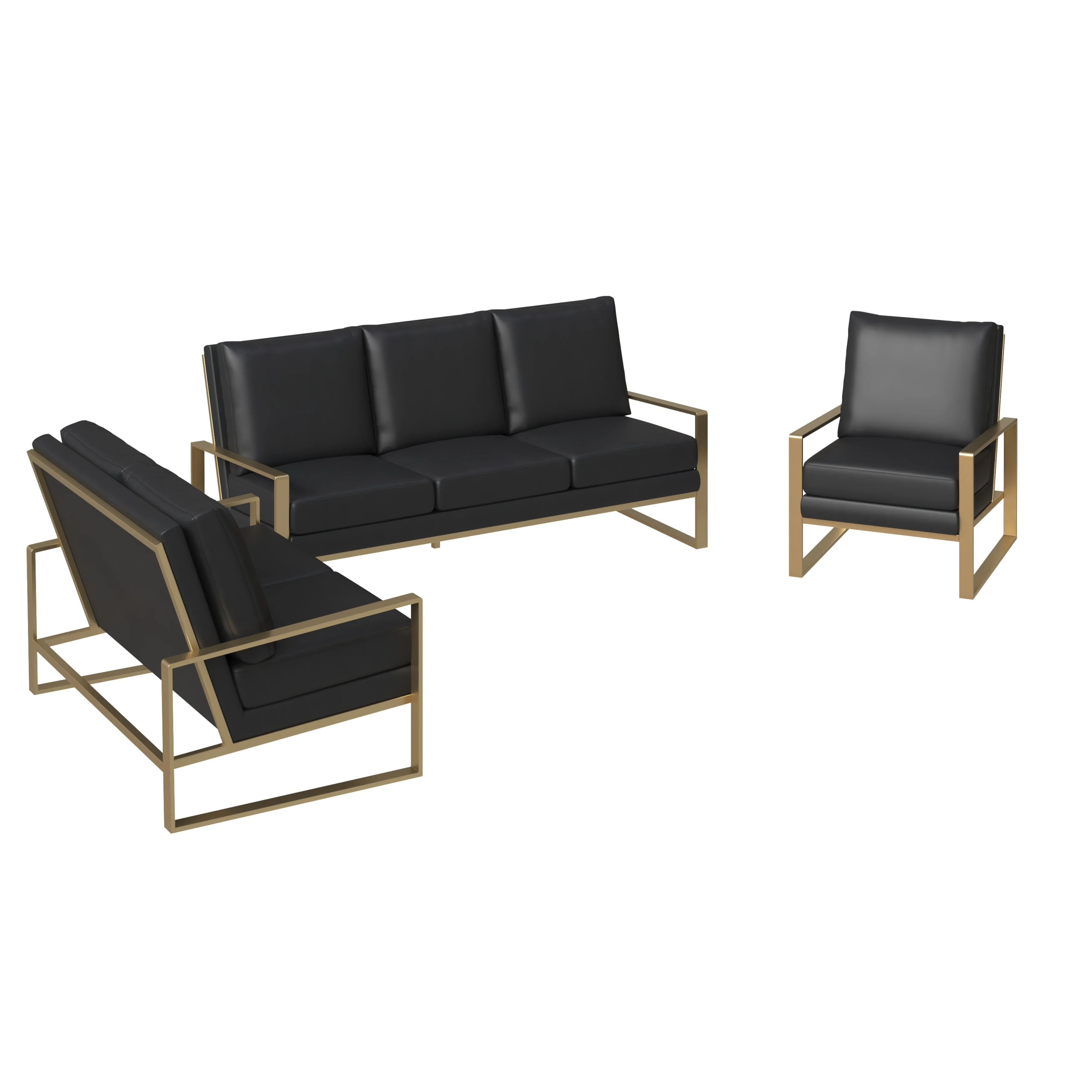 Jefferson Leather 3-Piece Living Room Sofa Set With Elegant Gold Frame Black