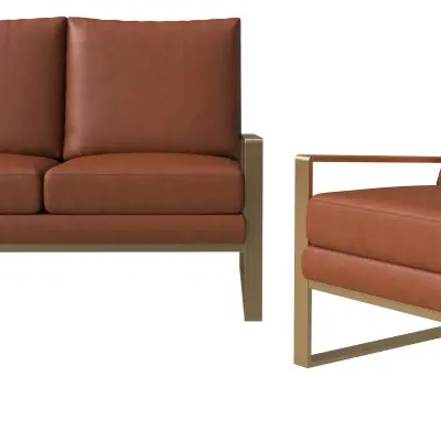 Jefferson Leather 3-Piece Living Room Sofa Set With Elegant Gold Frame Cognac Tan