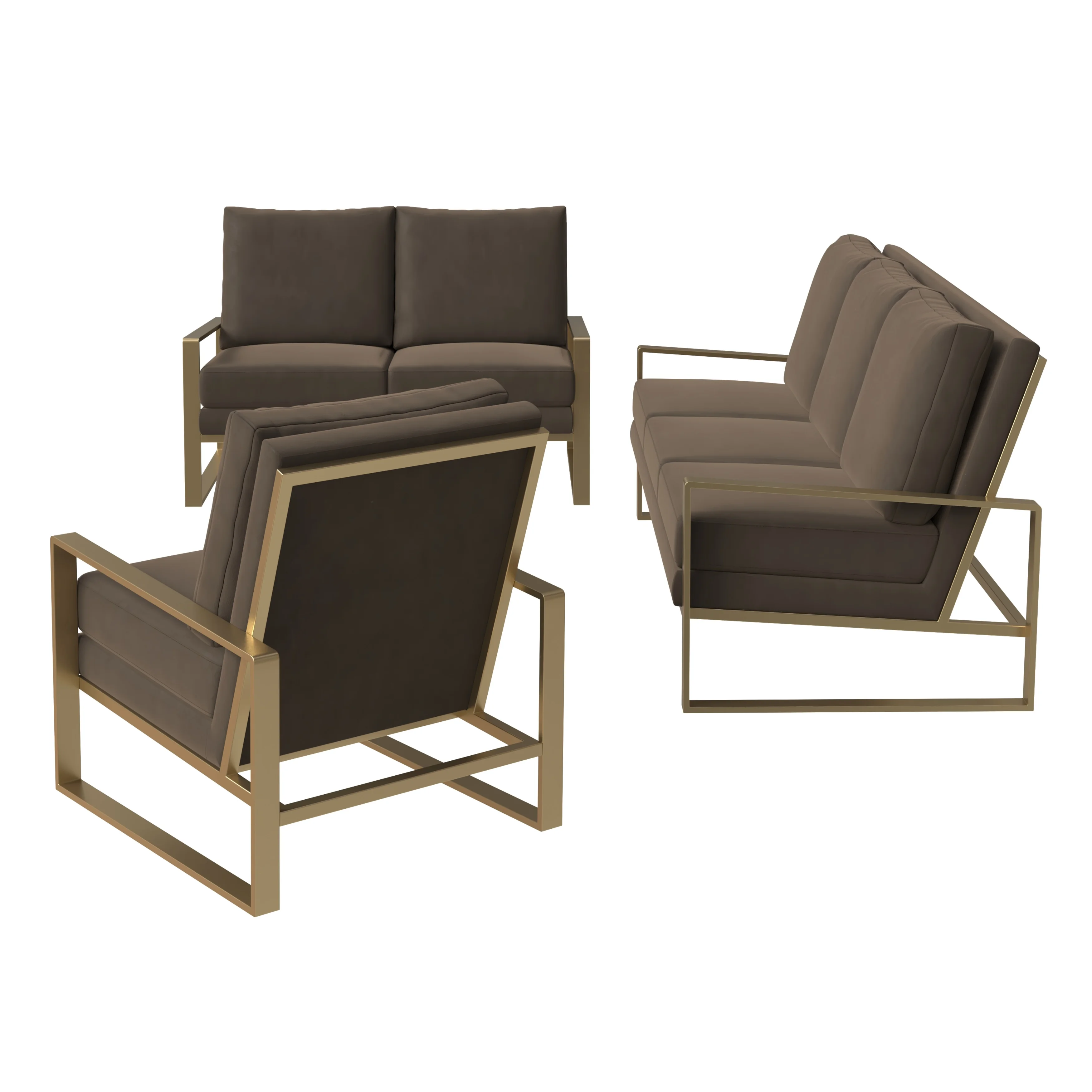 Jefferson Velvet 3-Piece Living Room Sofa Set With Elegant Gold Frame Dark Grey