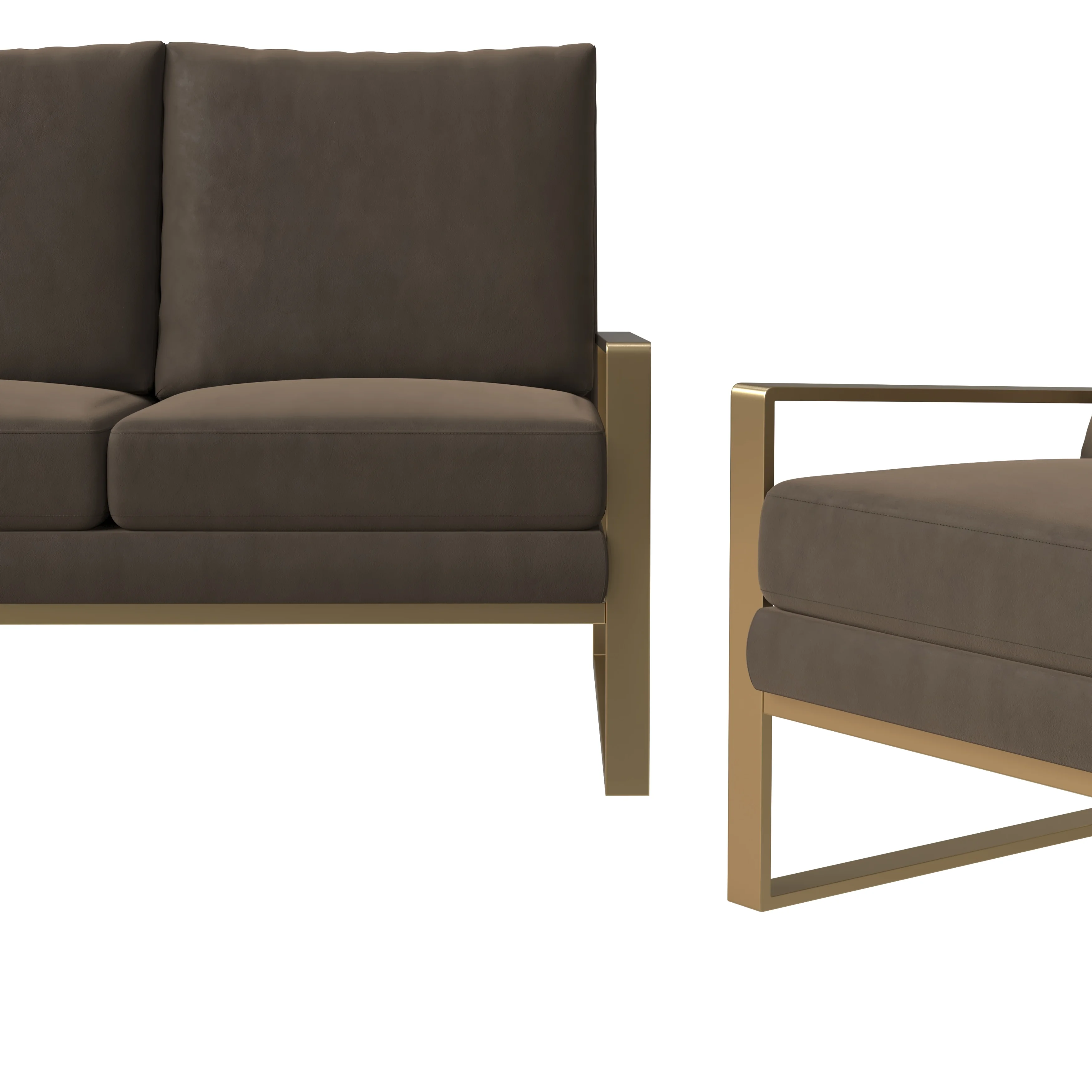 Jefferson Velvet 3-Piece Living Room Sofa Set With Elegant Gold Frame Dark Grey