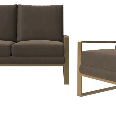 Jefferson Velvet 3-Piece Living Room Sofa Set With Elegant Gold Frame Dark Grey