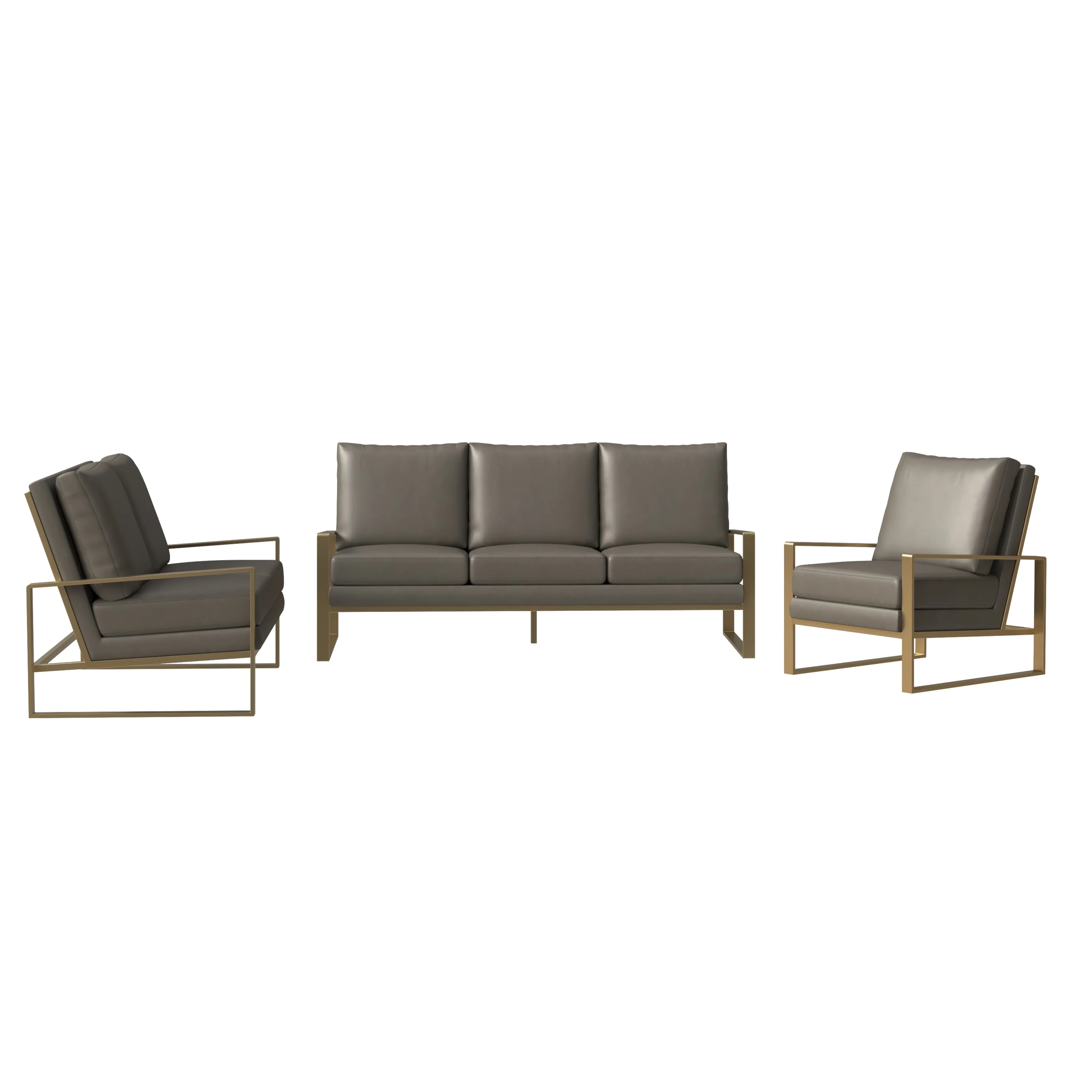 Jefferson Leather 3-Piece Living Room Sofa Set With Elegant Gold Frame Grey