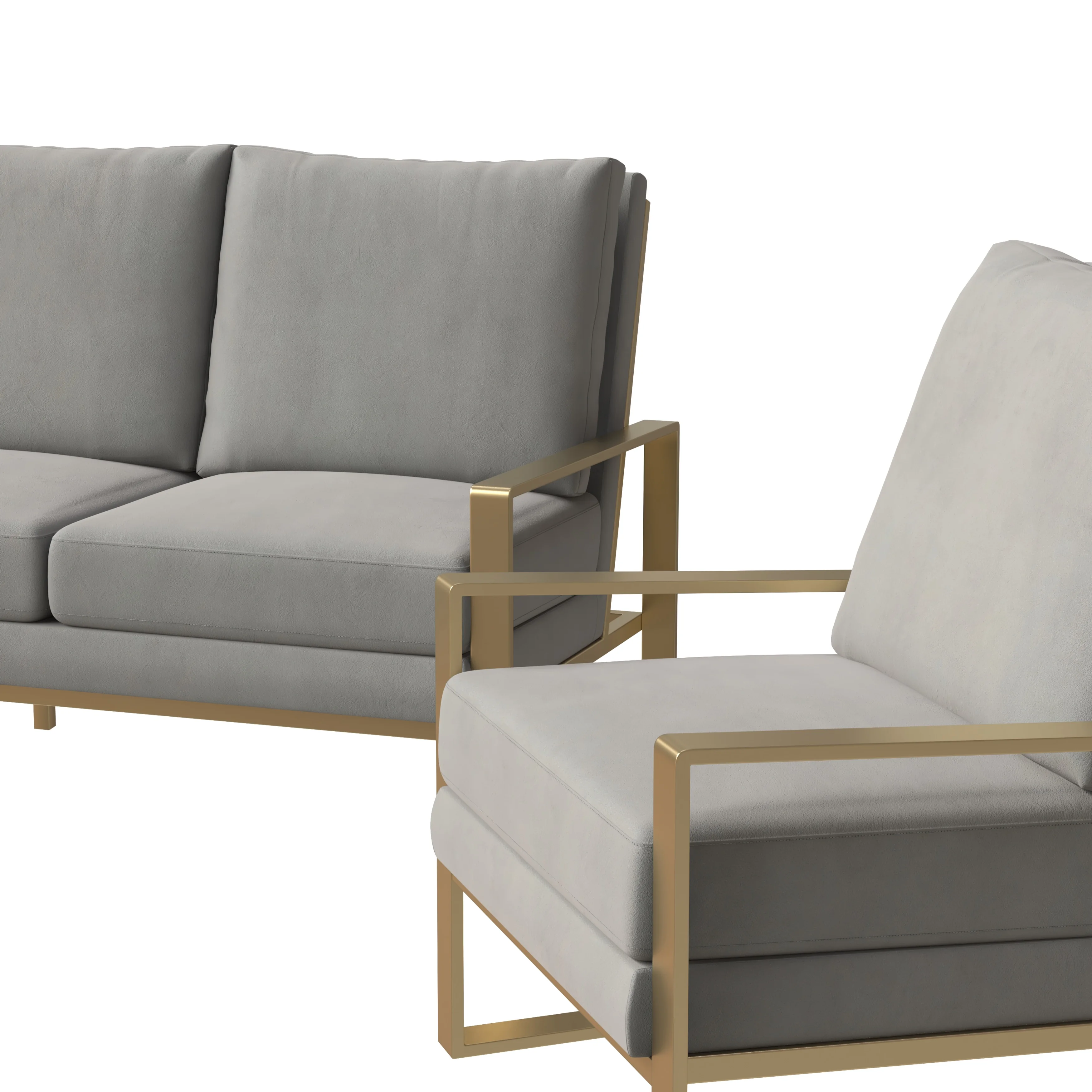 Jefferson Velvet 3-Piece Living Room Sofa Set With Elegant Gold Frame Light Grey