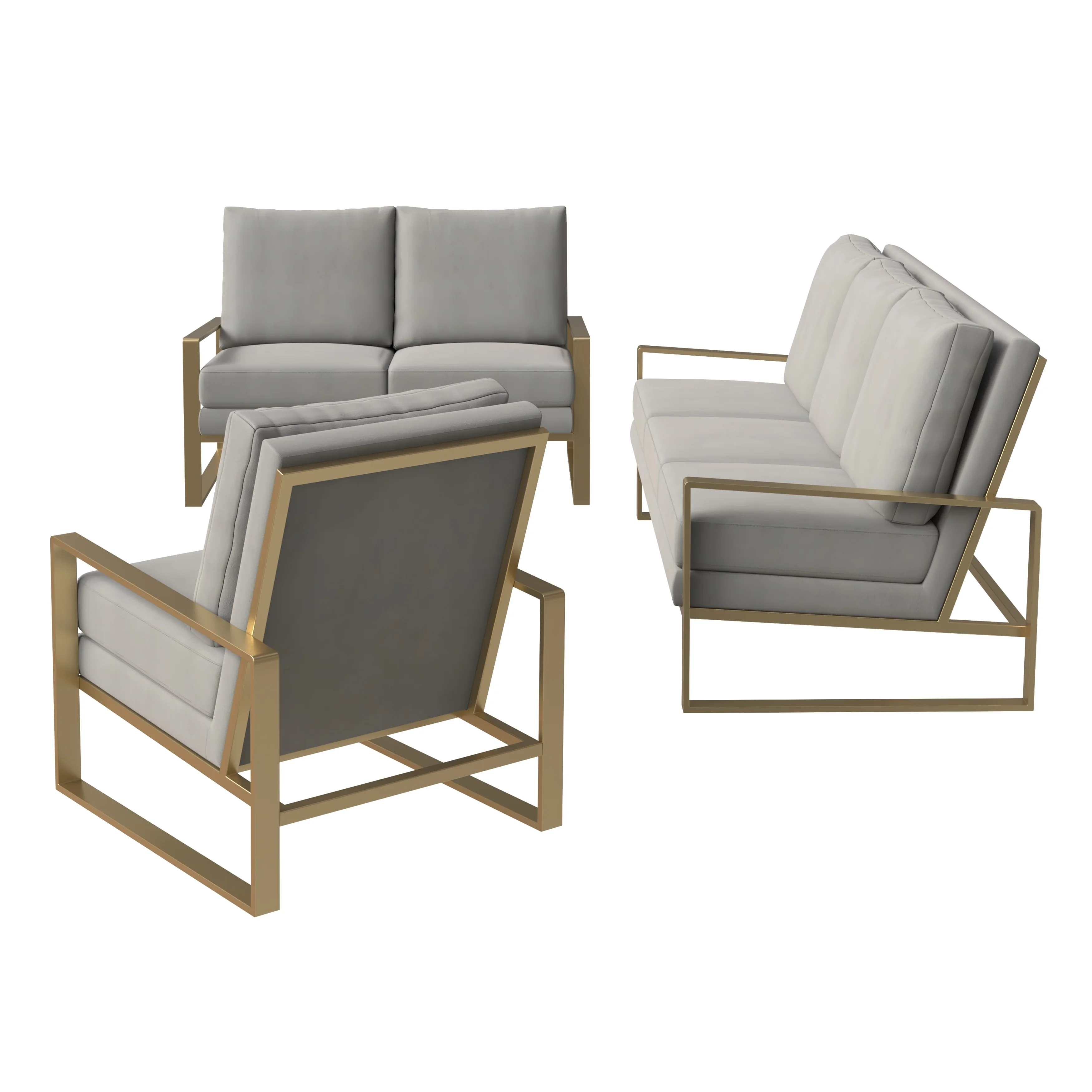 Jefferson Velvet 3-Piece Living Room Sofa Set With Elegant Gold Frame Light Grey