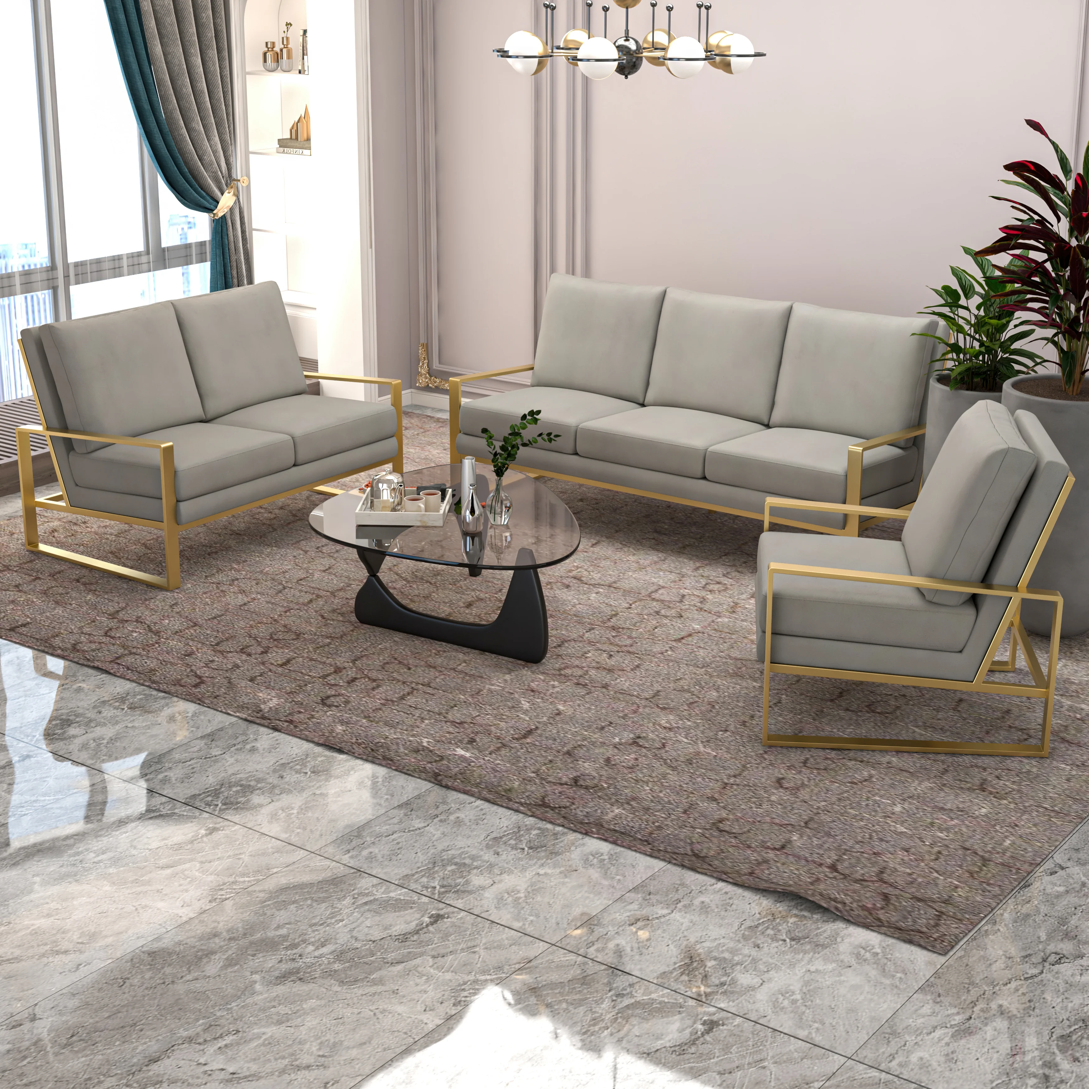 Jefferson Velvet 3-Piece Living Room Sofa Set With Elegant Gold Frame Light Grey