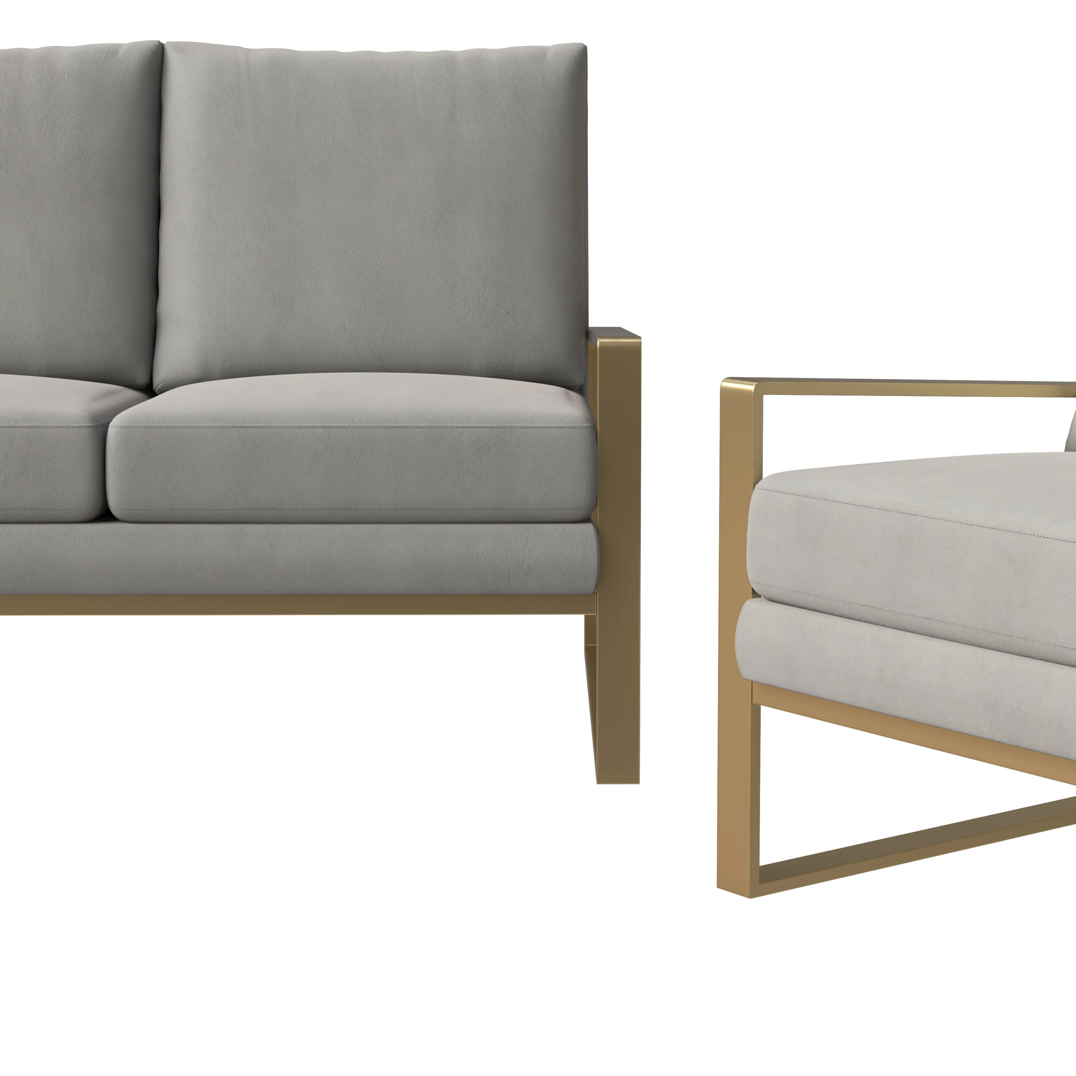 Jefferson Velvet 3-Piece Living Room Sofa Set With Elegant Gold Frame Light Grey