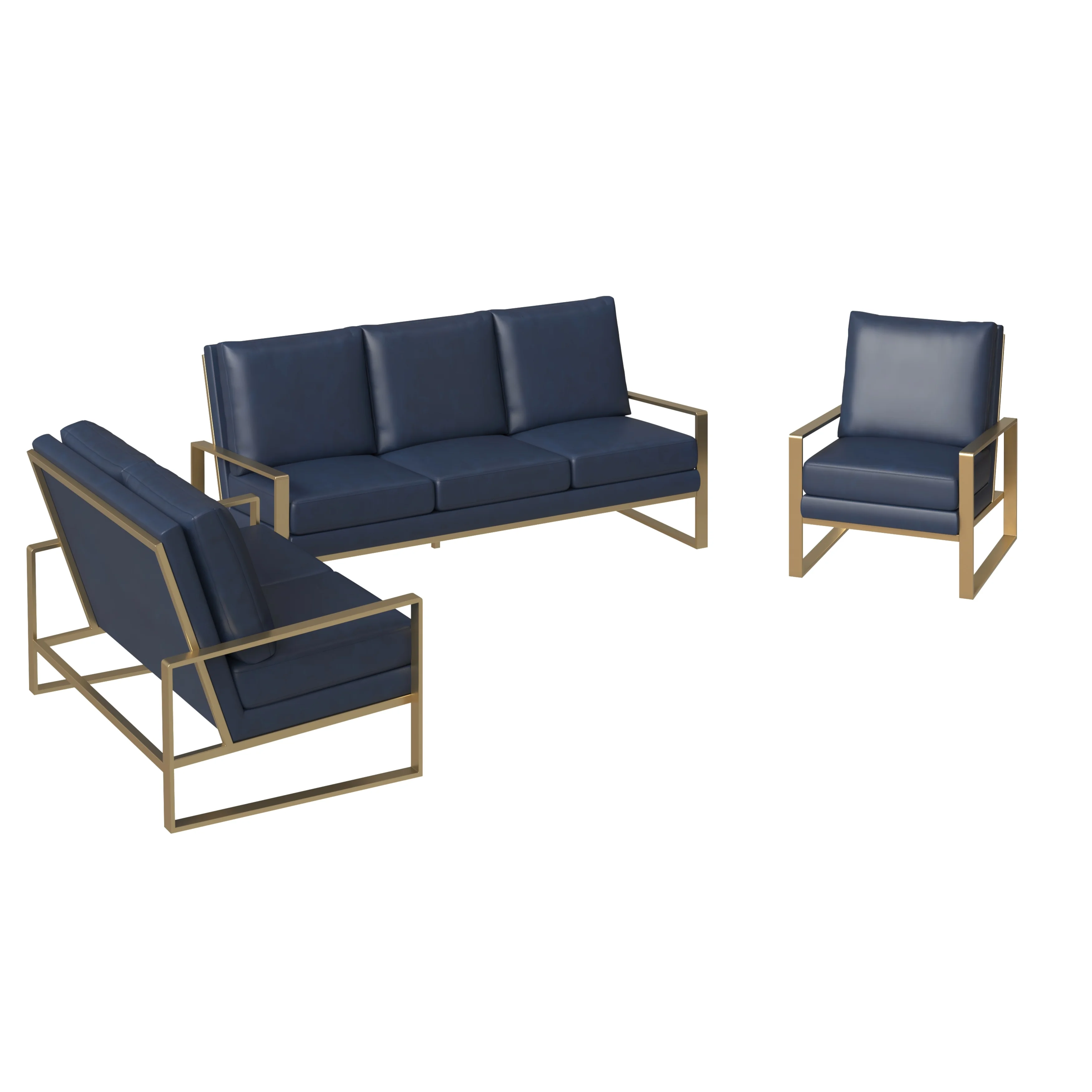 Jefferson Leather 3-Piece Living Room Sofa Set With Elegant Gold Frame Navy Blue