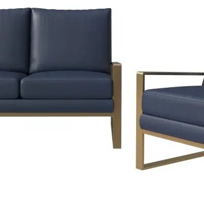 Jefferson Leather 3-Piece Living Room Sofa Set With Elegant Gold Frame Navy Blue