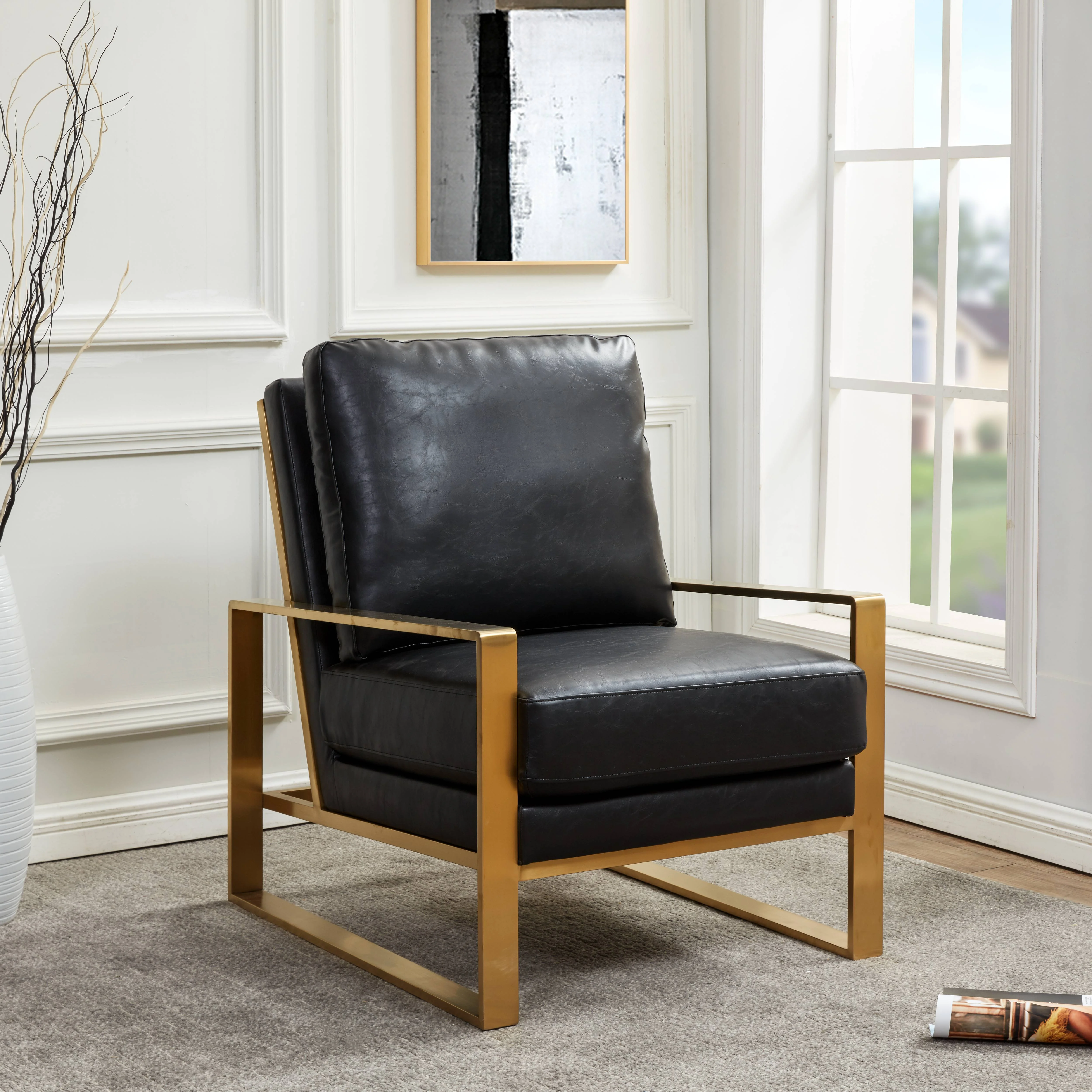 Jefferson Leather Modern Design Accent Armchair With Elegant Gold Frame