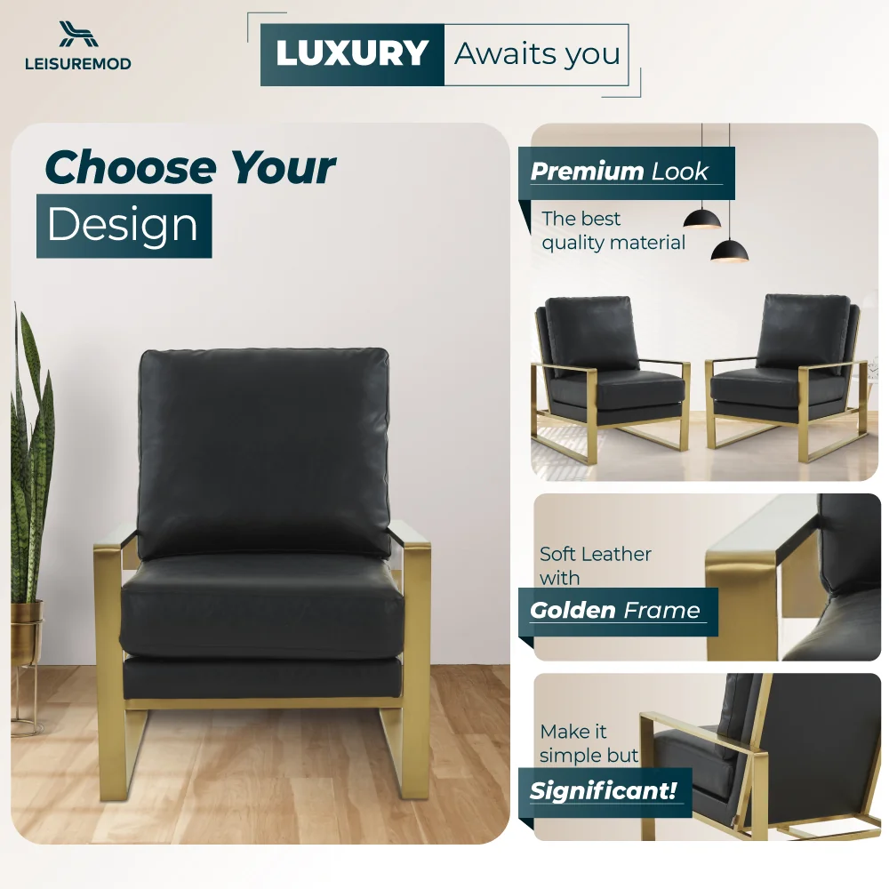 Jefferson Leather Modern Design Accent Armchair With Elegant Gold Frame