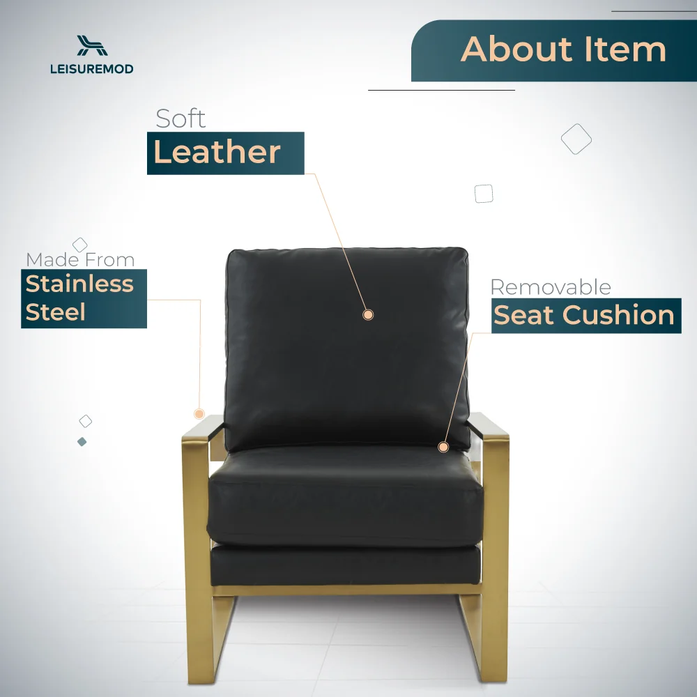 Jefferson Leather Modern Design Accent Armchair With Elegant Gold Frame